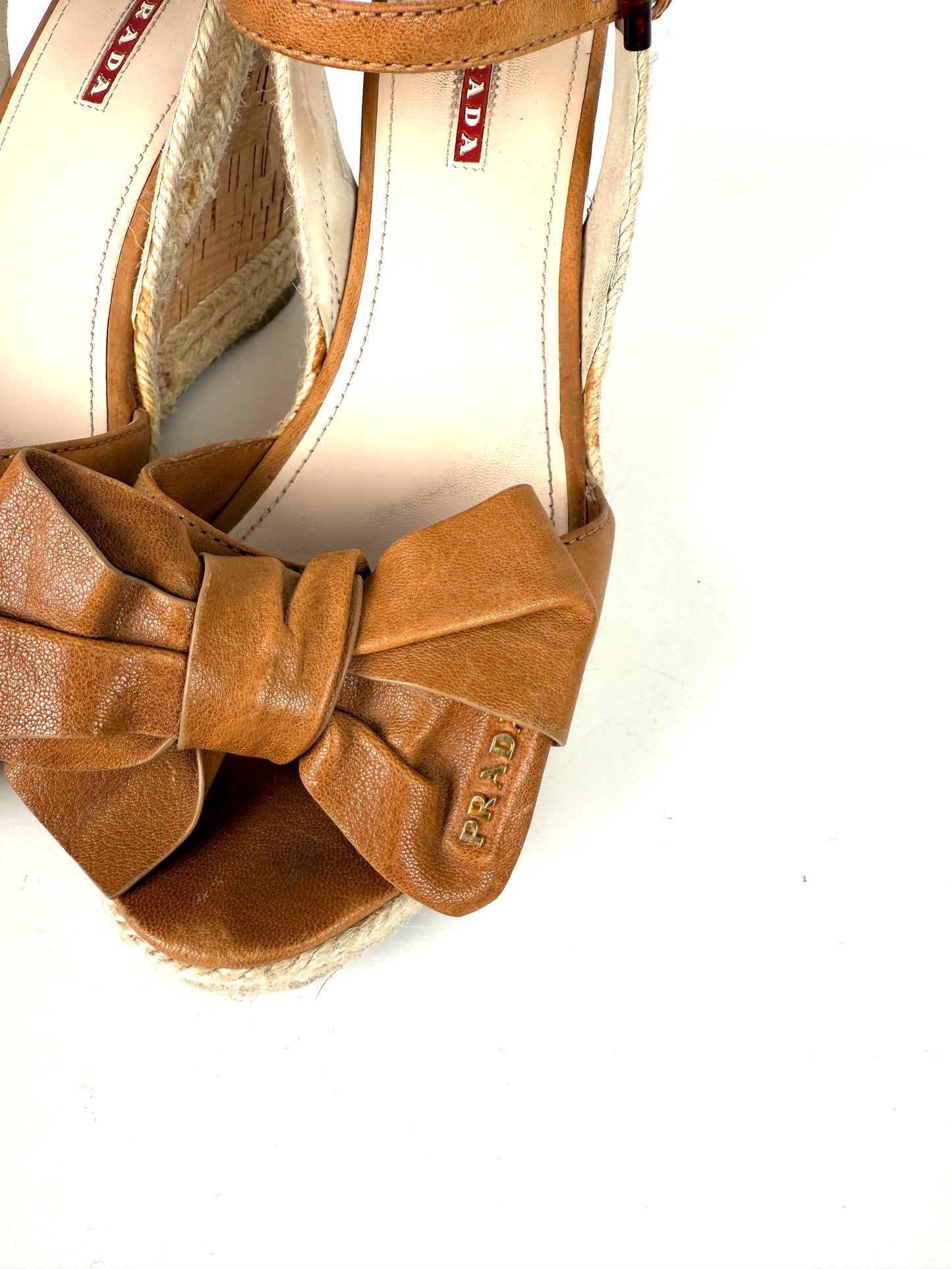 PRADA Beige Bow Leather Raffia Platform Wedge Sandals Heels 39 9