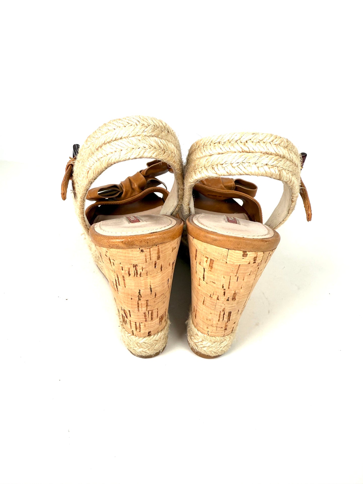 PRADA Beige Bow Leather Raffia Platform Wedge Sandals Heels 39 9
