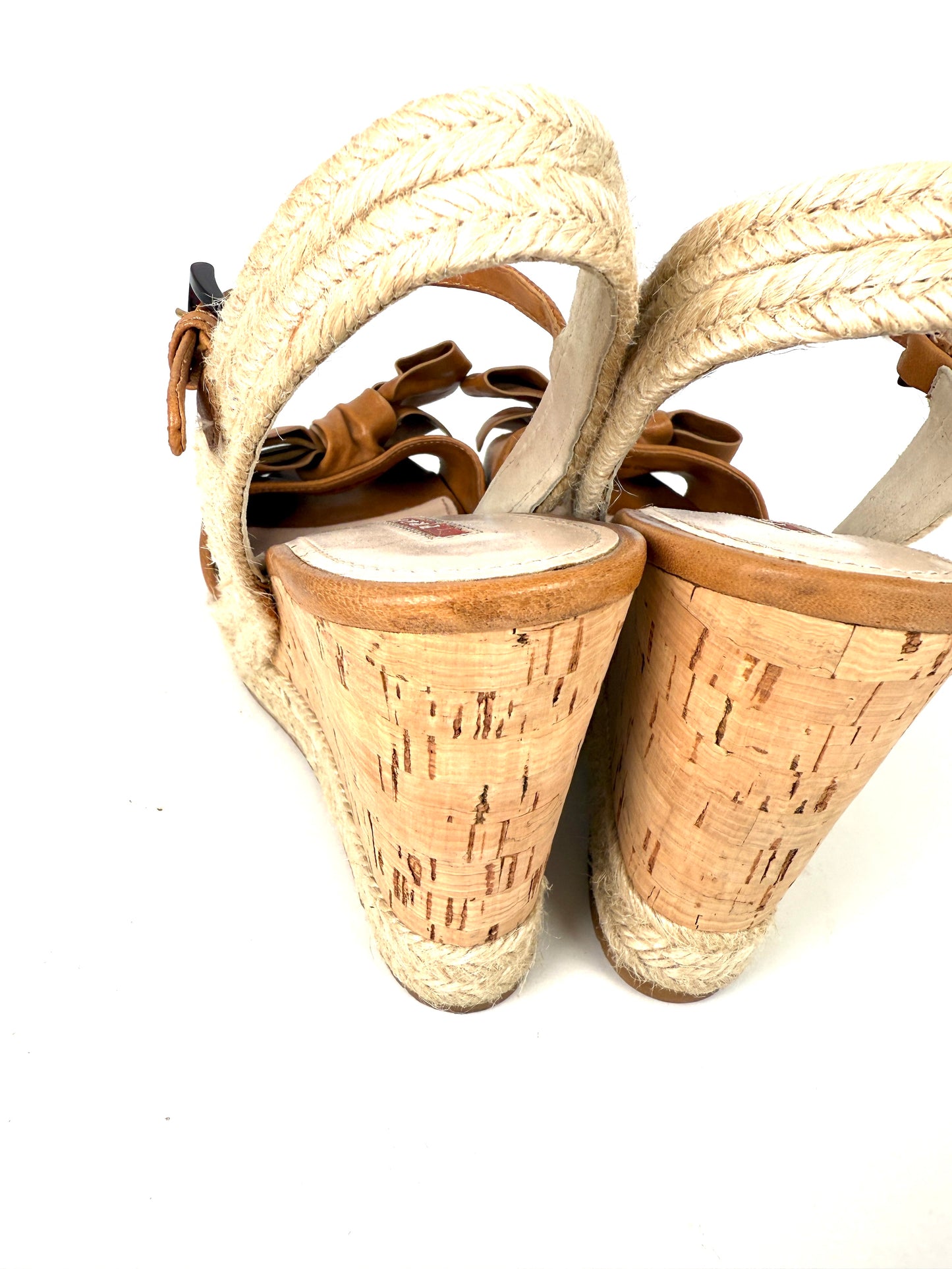 PRADA Beige Bow Leather Raffia Platform Wedge Sandals Heels 39 9