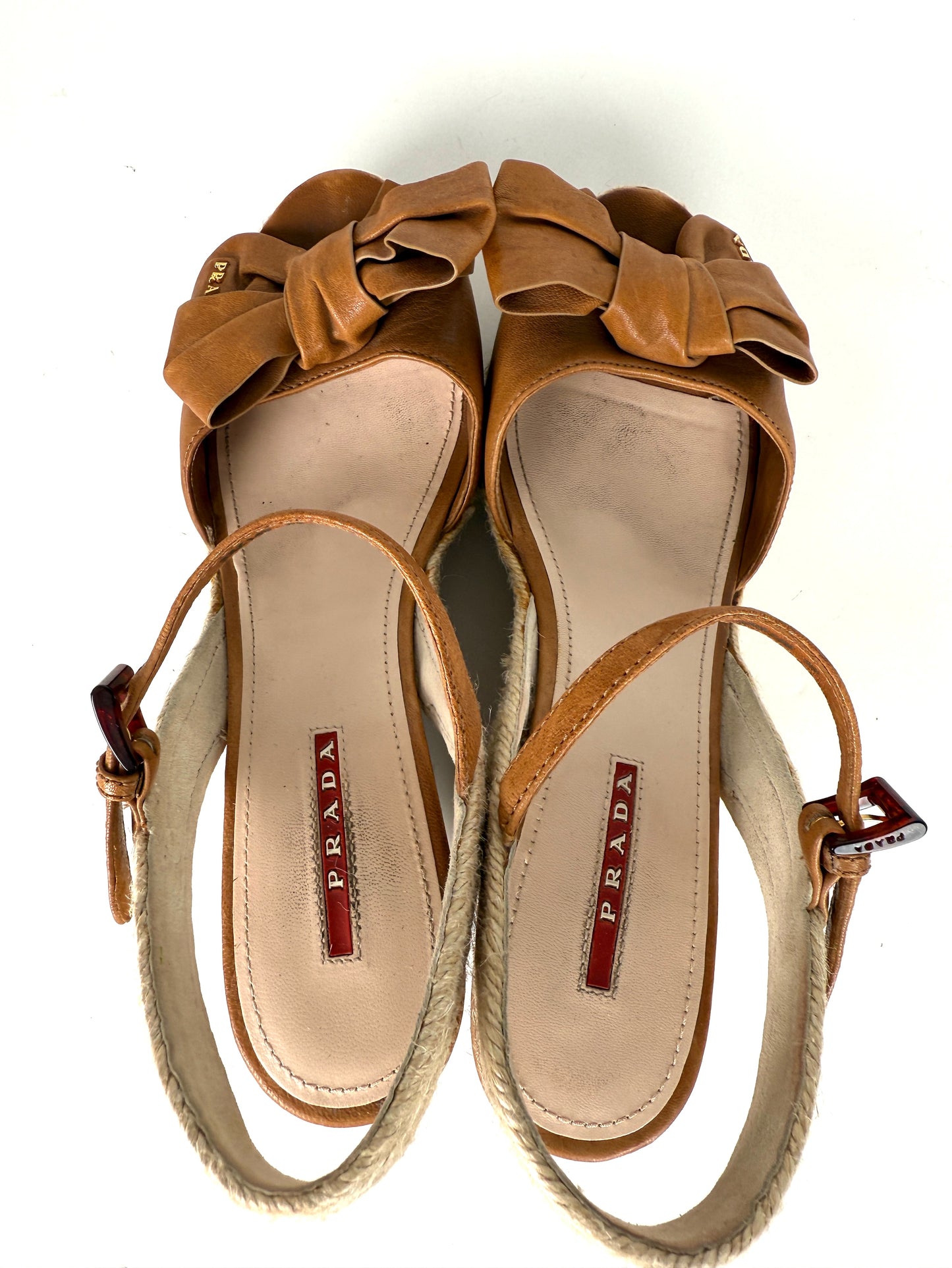 PRADA Beige Bow Leather Raffia Platform Wedge Sandals Heels 39 9