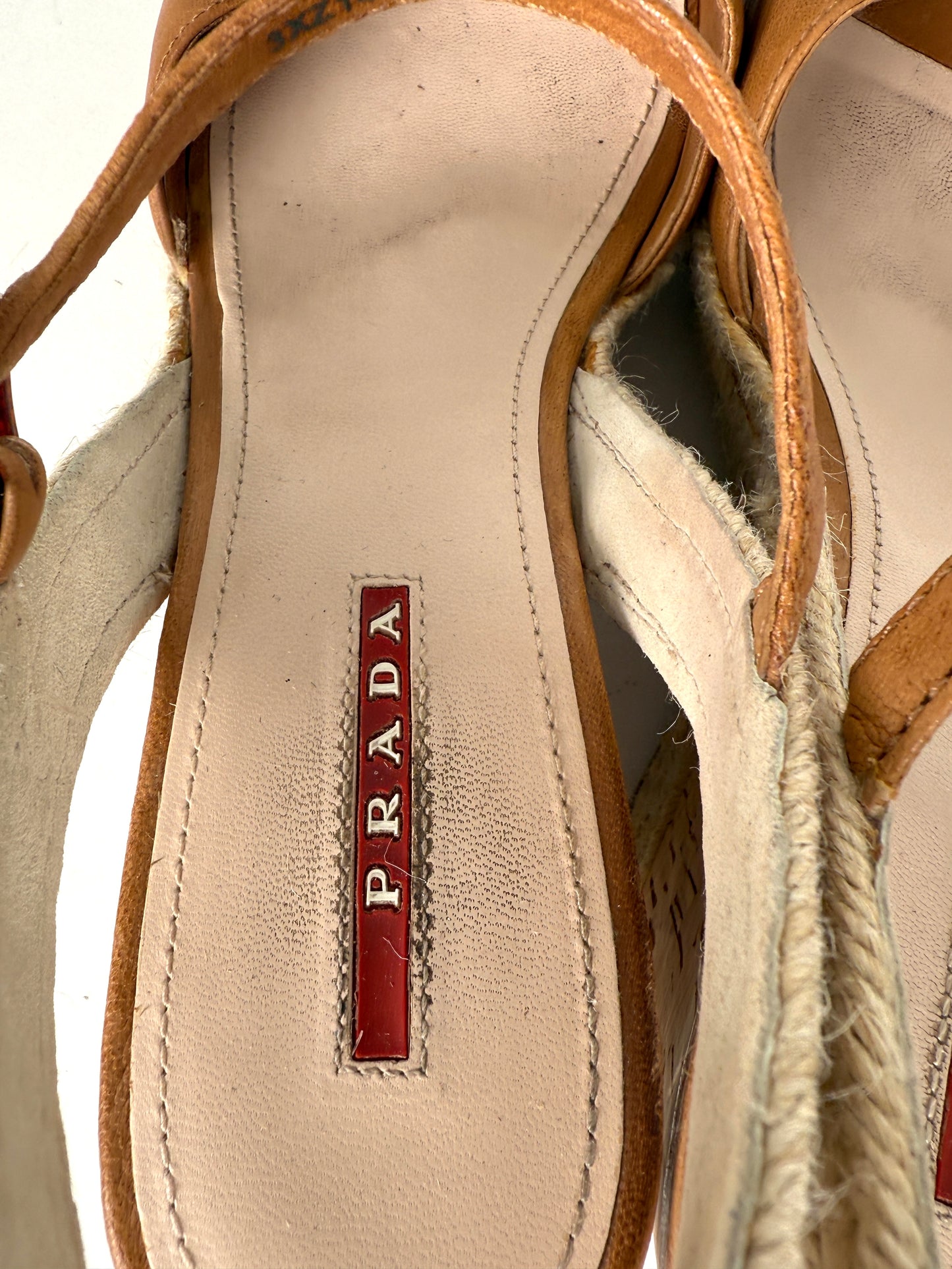 PRADA Beige Bow Leather Raffia Platform Wedge Sandals Heels 39 9