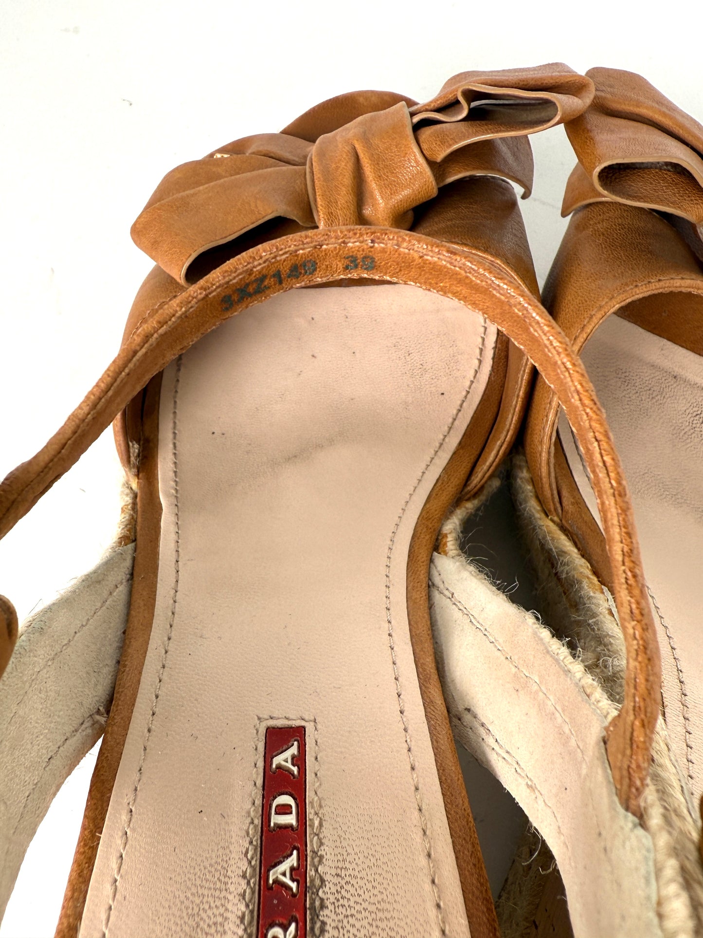 PRADA Beige Bow Leather Raffia Platform Wedge Sandals Heels 39 9