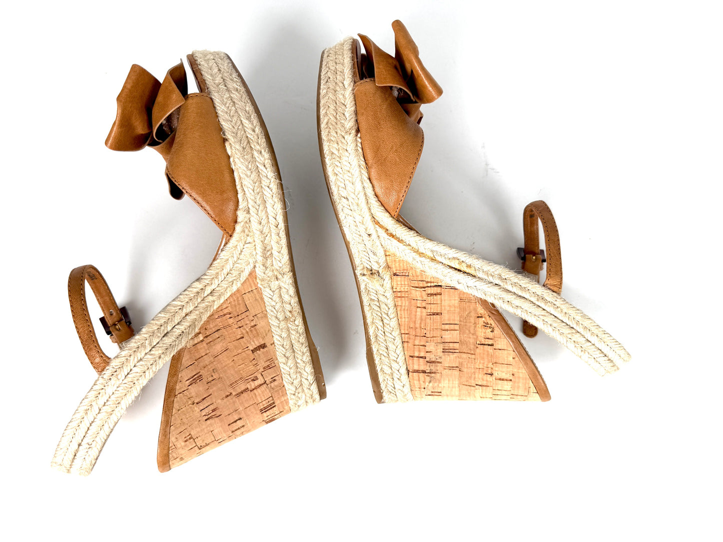 PRADA Beige Bow Leather Raffia Platform Wedge Sandals Heels 39 9