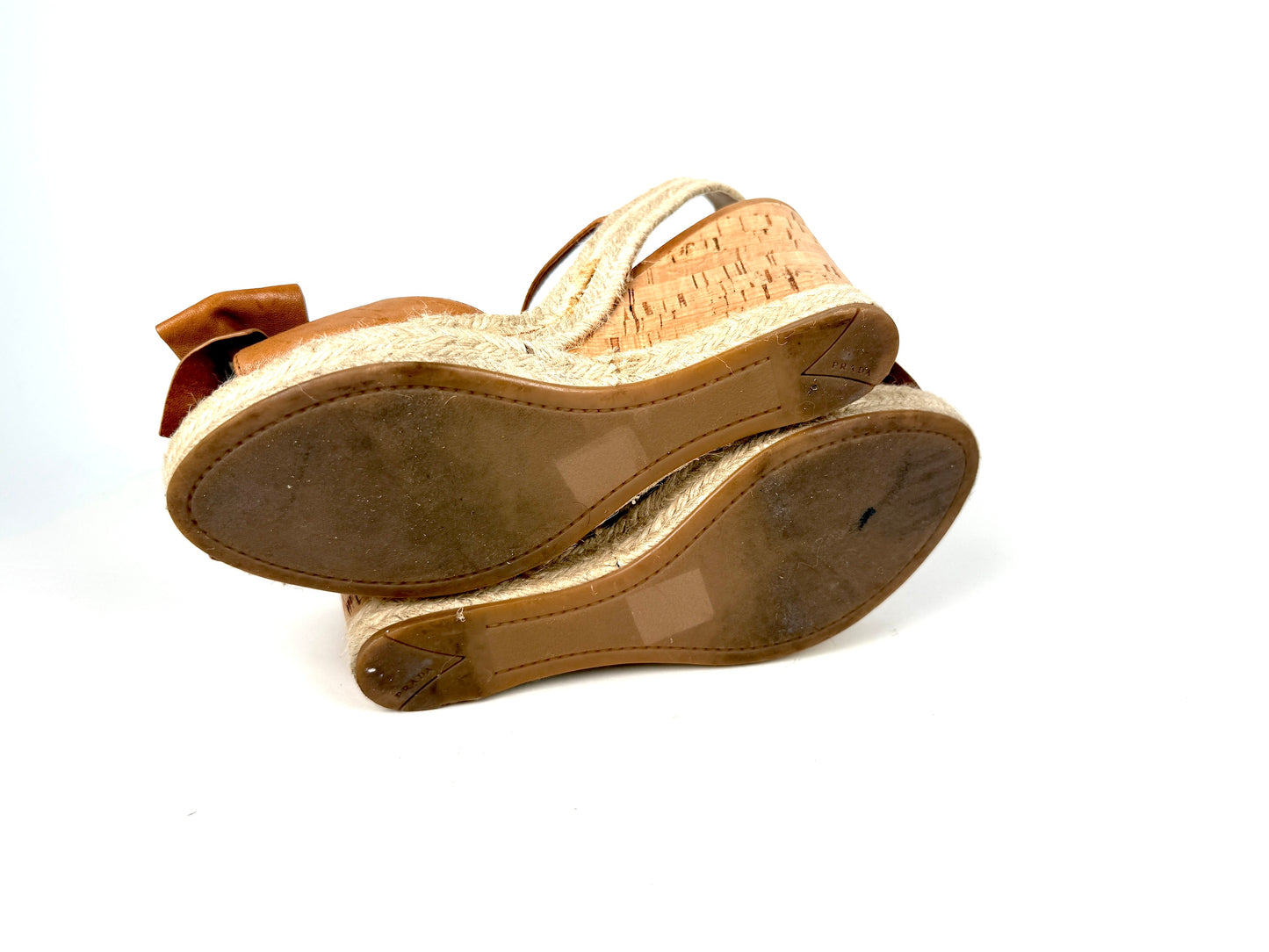 PRADA Beige Bow Leather Raffia Platform Wedge Sandals Heels 39 9