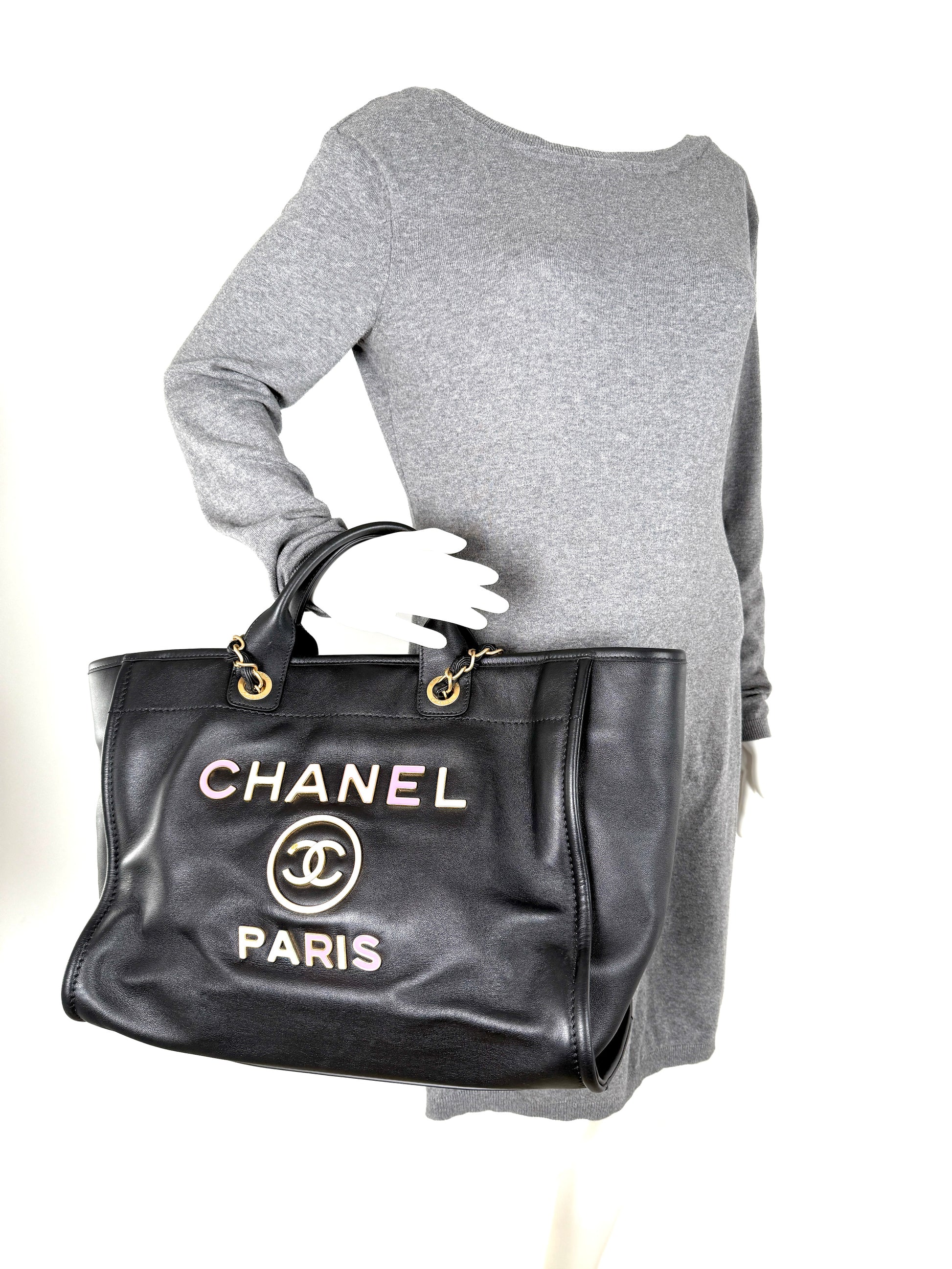 CHANEL Deauville Medium Calfskin Black Multicolor Tote Bag with Pouch