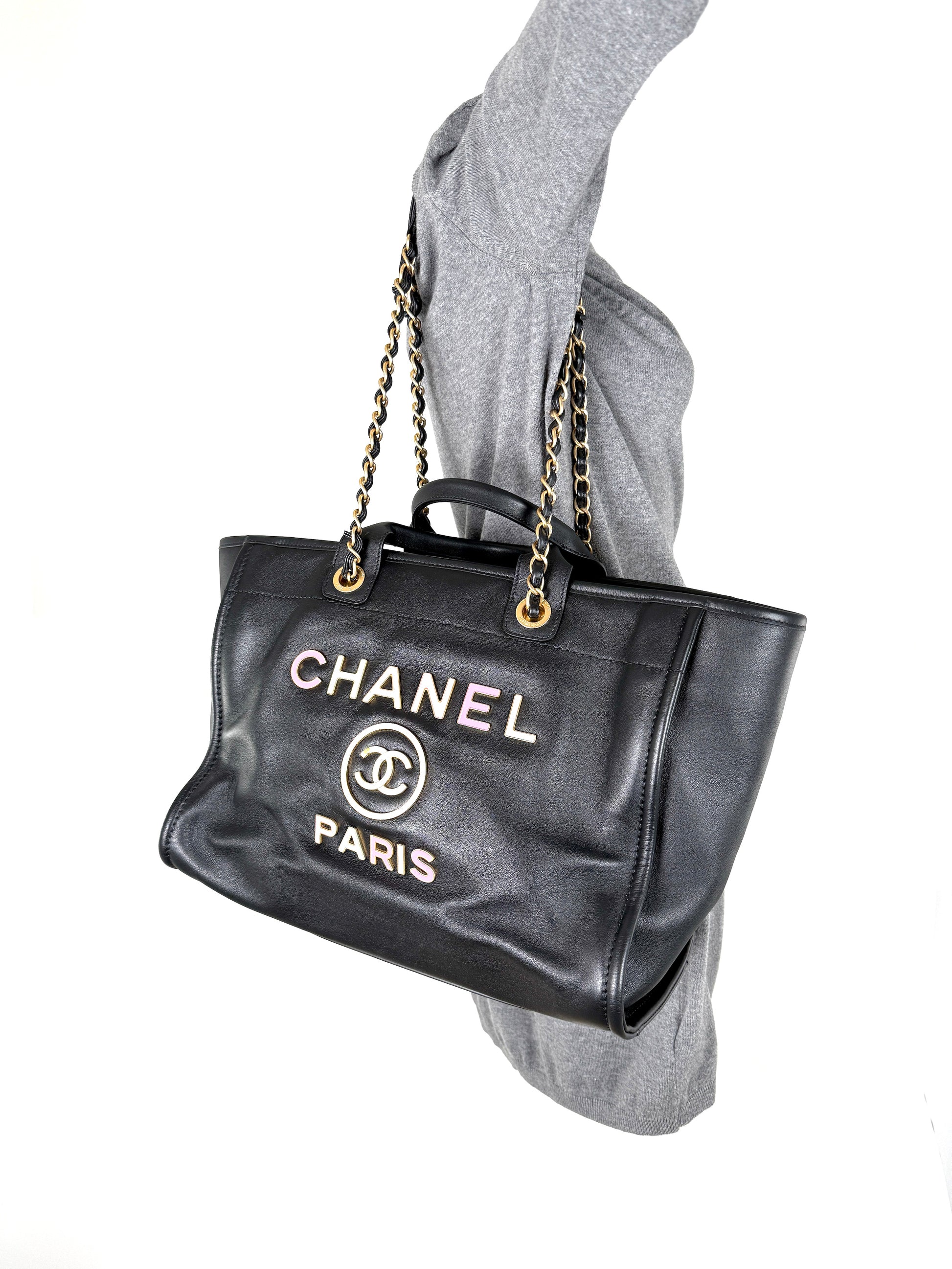 CHANEL Deauville Medium Calfskin Black Multicolor Tote Bag with Pouch