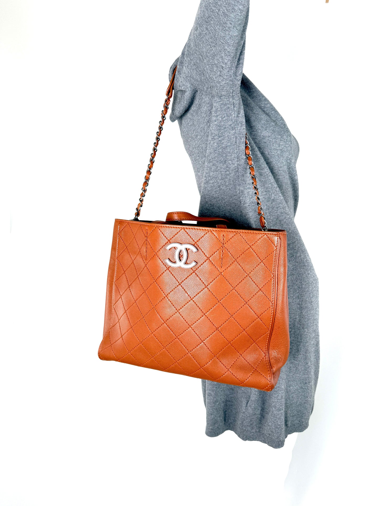 CHANEL Covered CC Quilted Caviar Brown Shopping Tote Bag