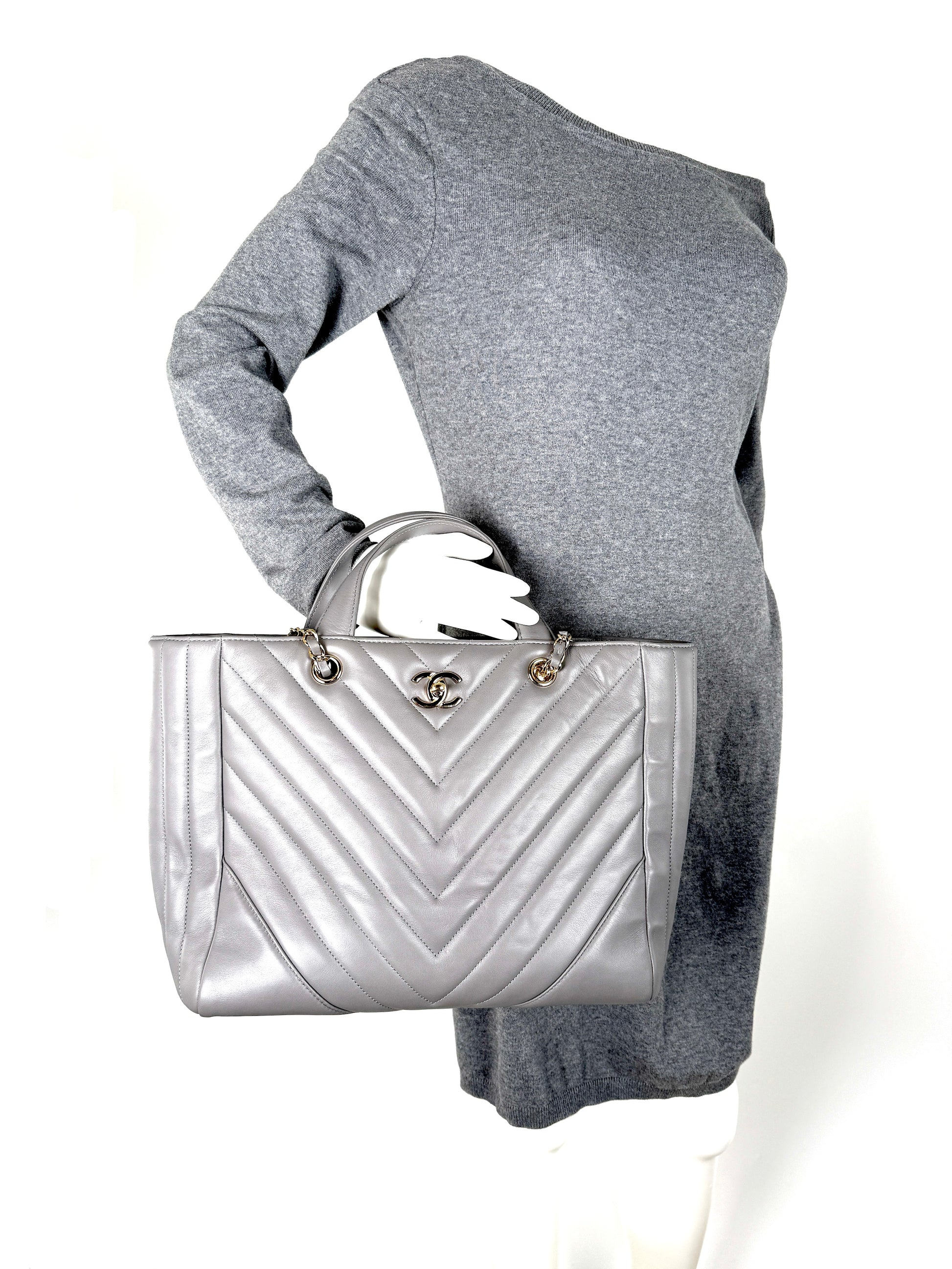 CHANEL Chevron Statement Gray Quilted Calfskin Shopping Tote Bag