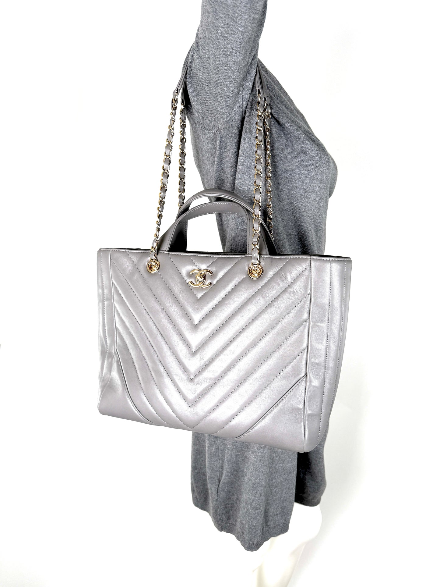 CHANEL Chevron Statement Gray Quilted Calfskin Shopping Tote Bag Luxury Consignment