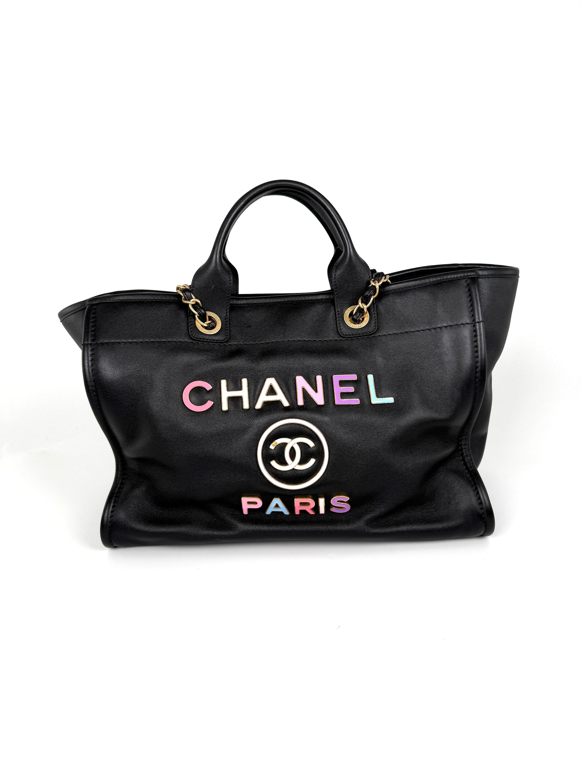 CHANEL Deauville Medium Calfskin Black Multicolor Tote Bag with Pouch