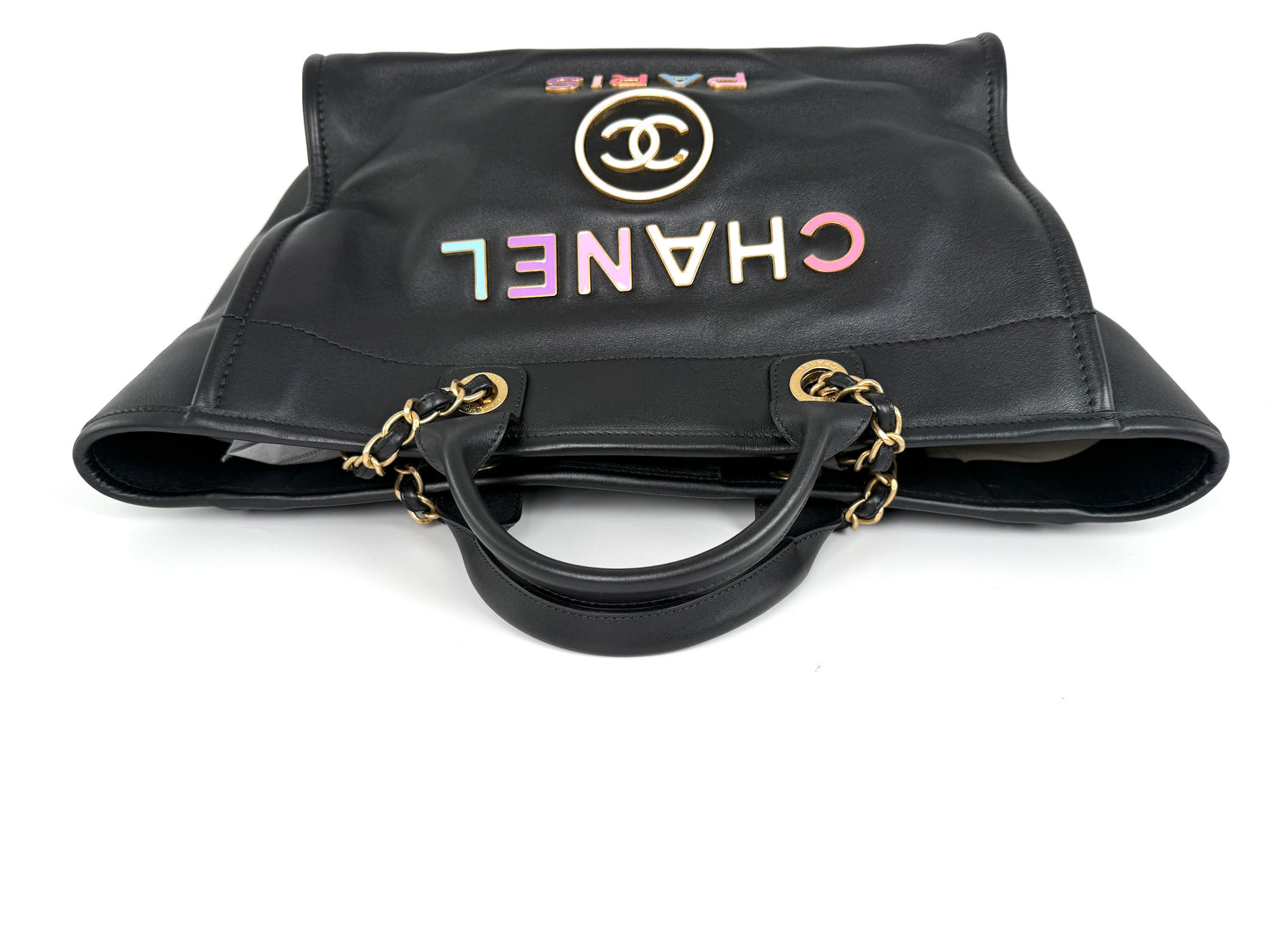 CHANEL Deauville Medium Calfskin Black Multicolor Tote Bag with Pouch