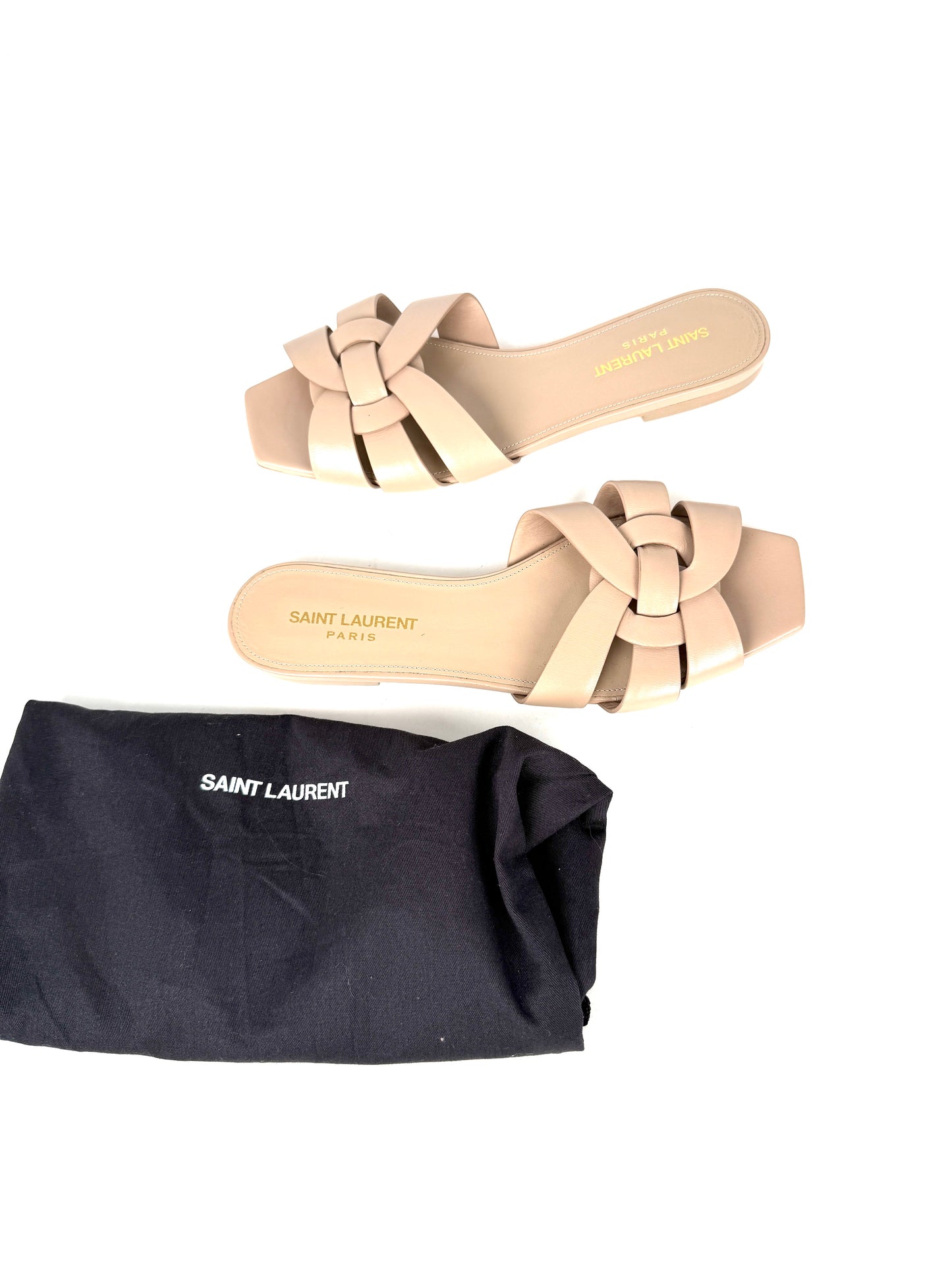 Saint Laurent Tribute Neutral Beige Calfskin Leather Slip on Slide Sandals 37, 6.5