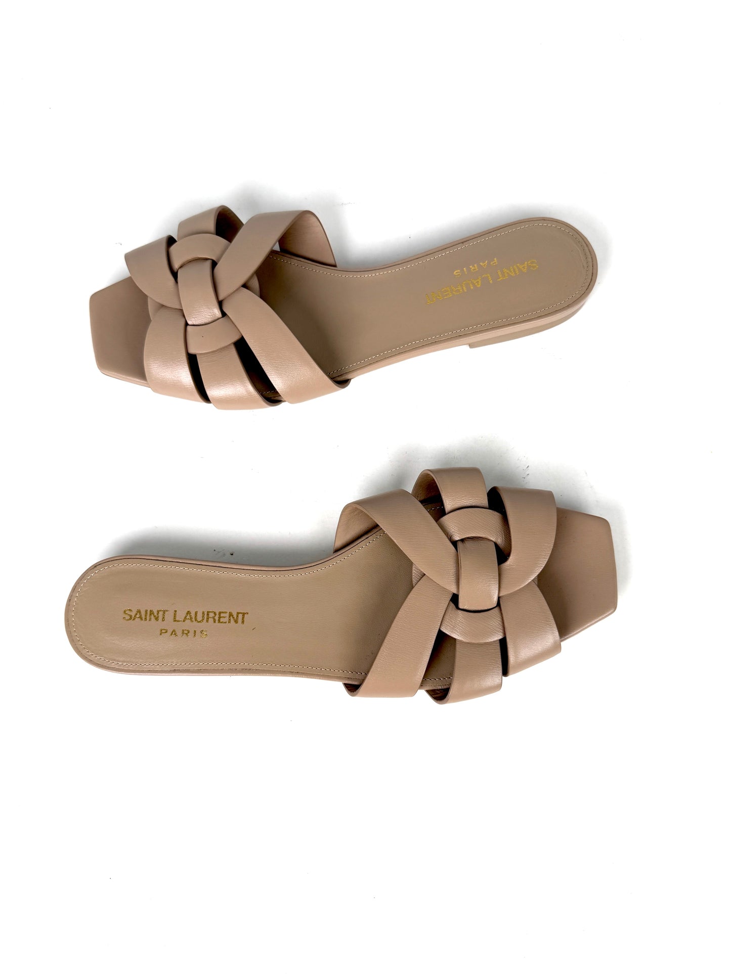 Saint Laurent Tribute Neutral Beige Calfskin Leather Slip on Slide Sandals 37, 6.5