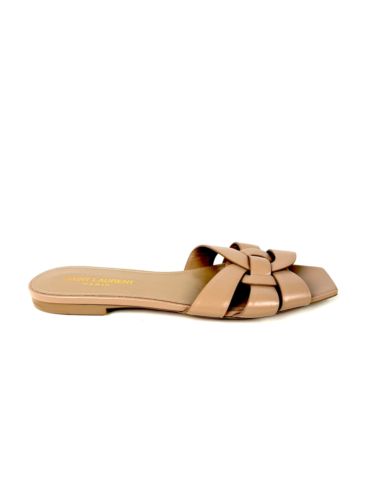 Saint Laurent Tribute Neutral Beige Calfskin Leather Slip on Slide Sandals 37, 6.5