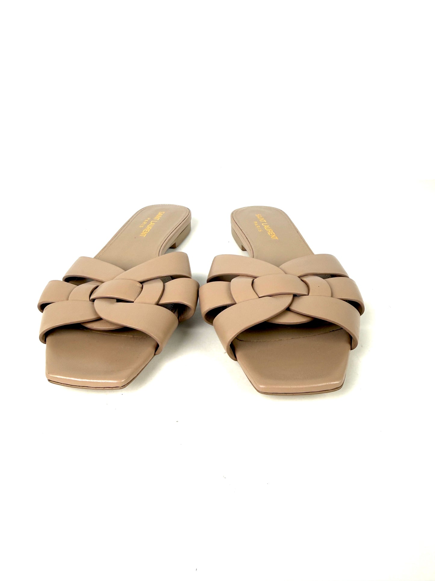 Saint Laurent Tribute Neutral Beige Calfskin Leather Slip on Slide Sandals 37, 6.5