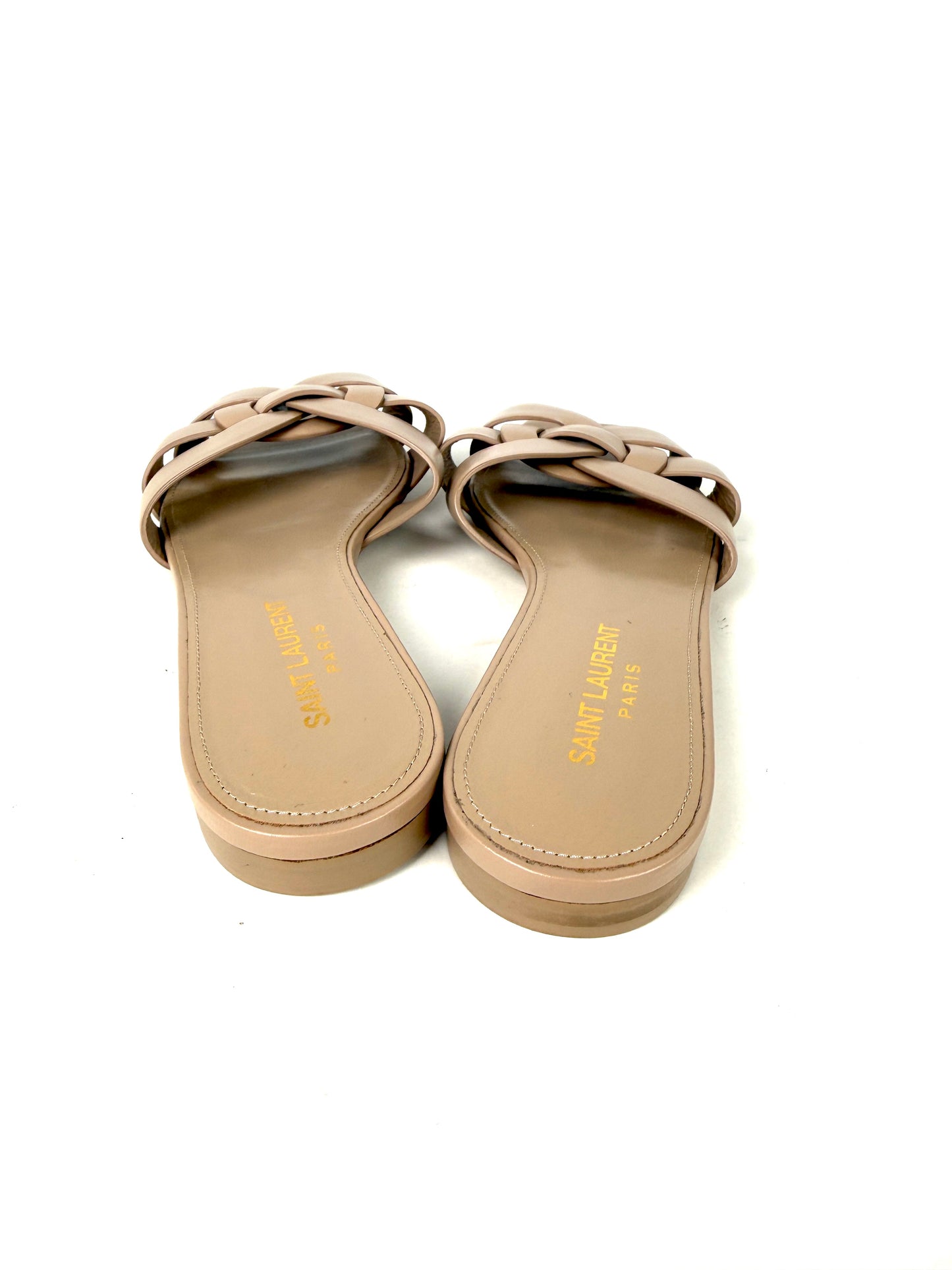Saint Laurent Tribute Neutral Beige Calfskin Leather Slip on Slide Sandals 37, 6.5