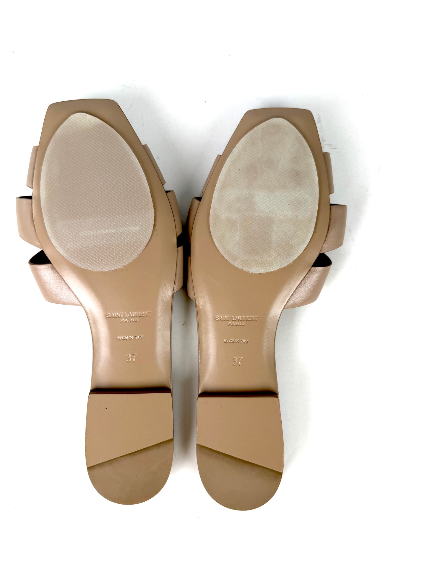 Saint Laurent Tribute Neutral Beige Calfskin Leather Slip on Slide Sandals 37, 6.5