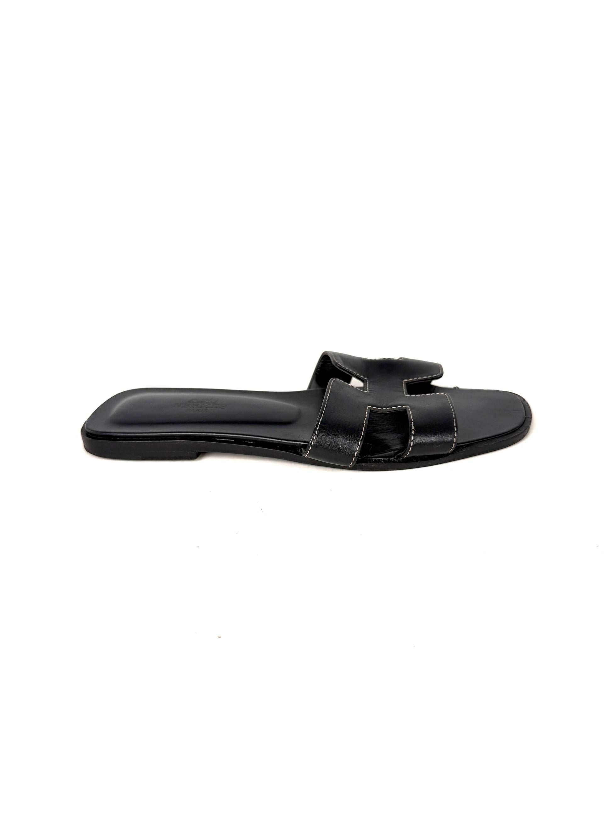 Hermes Vintage Oran Black  Leather Slip on Slide Sandals 37, 6.5