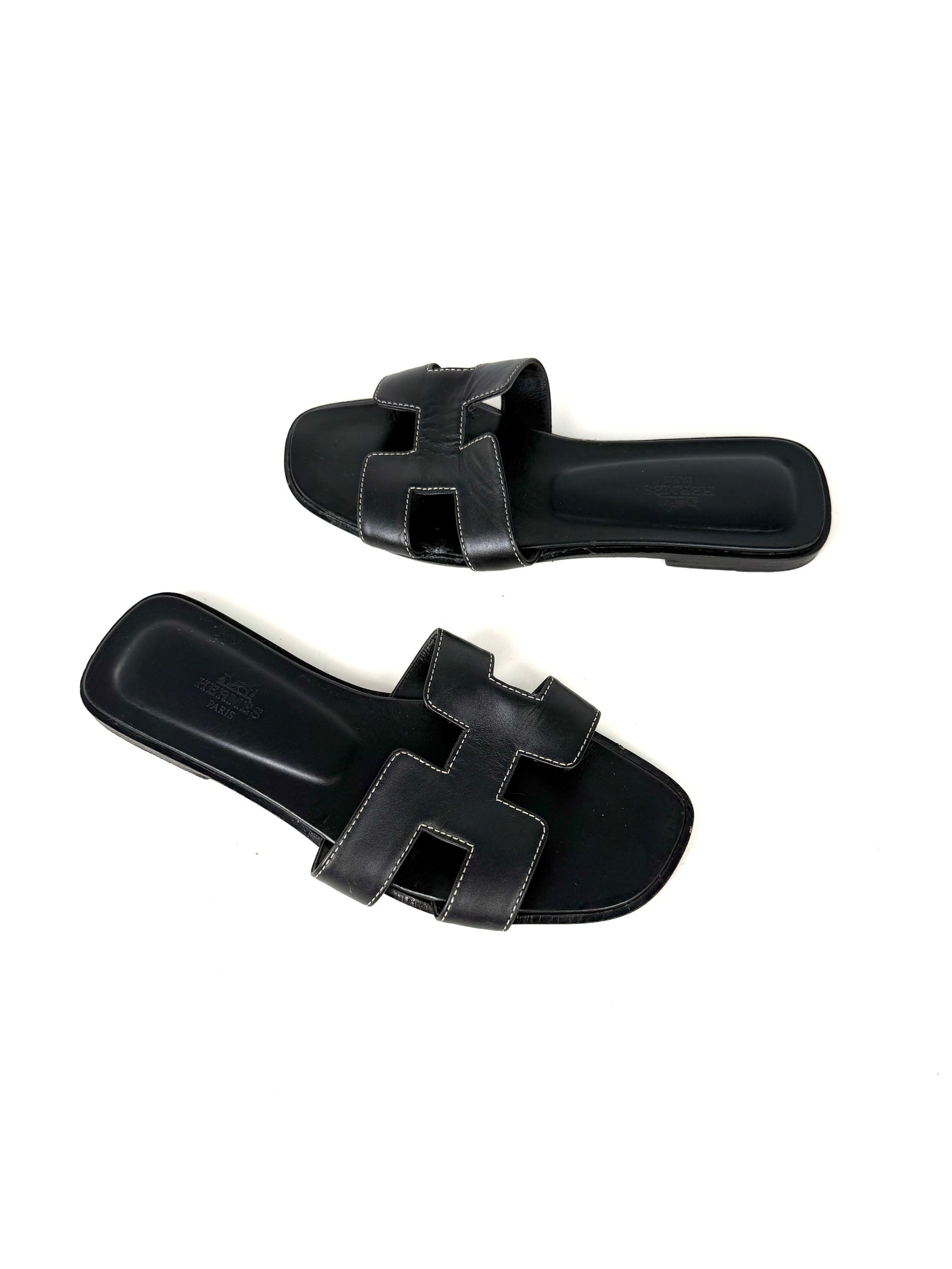 Hermes Vintage Oran Black  Leather Slip on Slide Sandals 37, 6.5