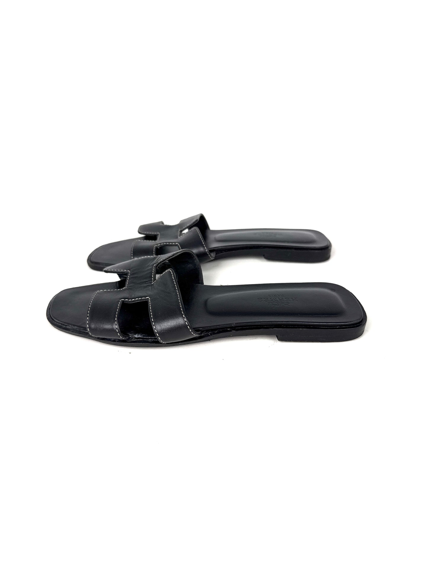 Hermes Vintage Oran Black  Leather Slip on Slide Sandals 37, 6.5