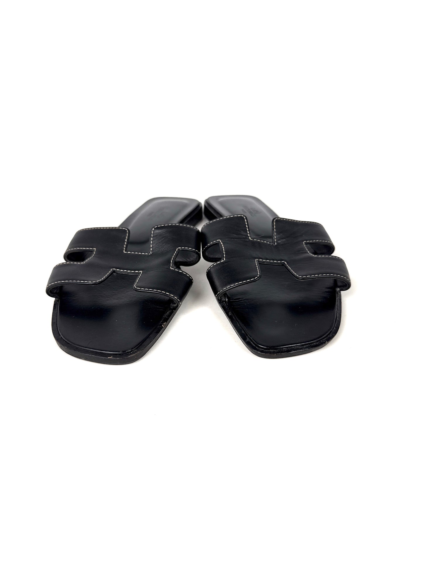 Hermes Vintage Oran Black  Leather Slip on Slide Sandals 37, 6.5