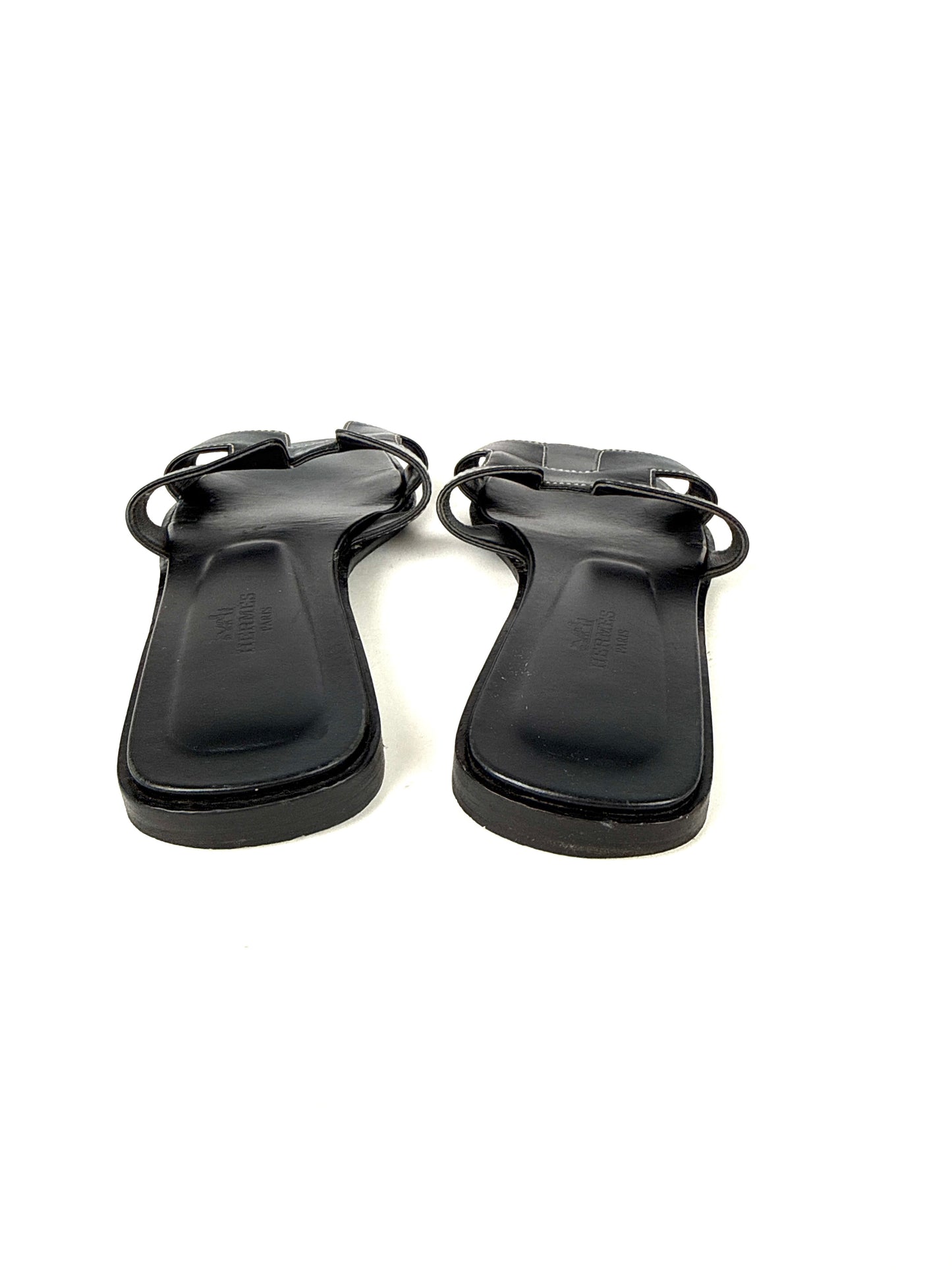 Hermes Vintage Oran Black  Leather Slip on Slide Sandals 37, 6.5