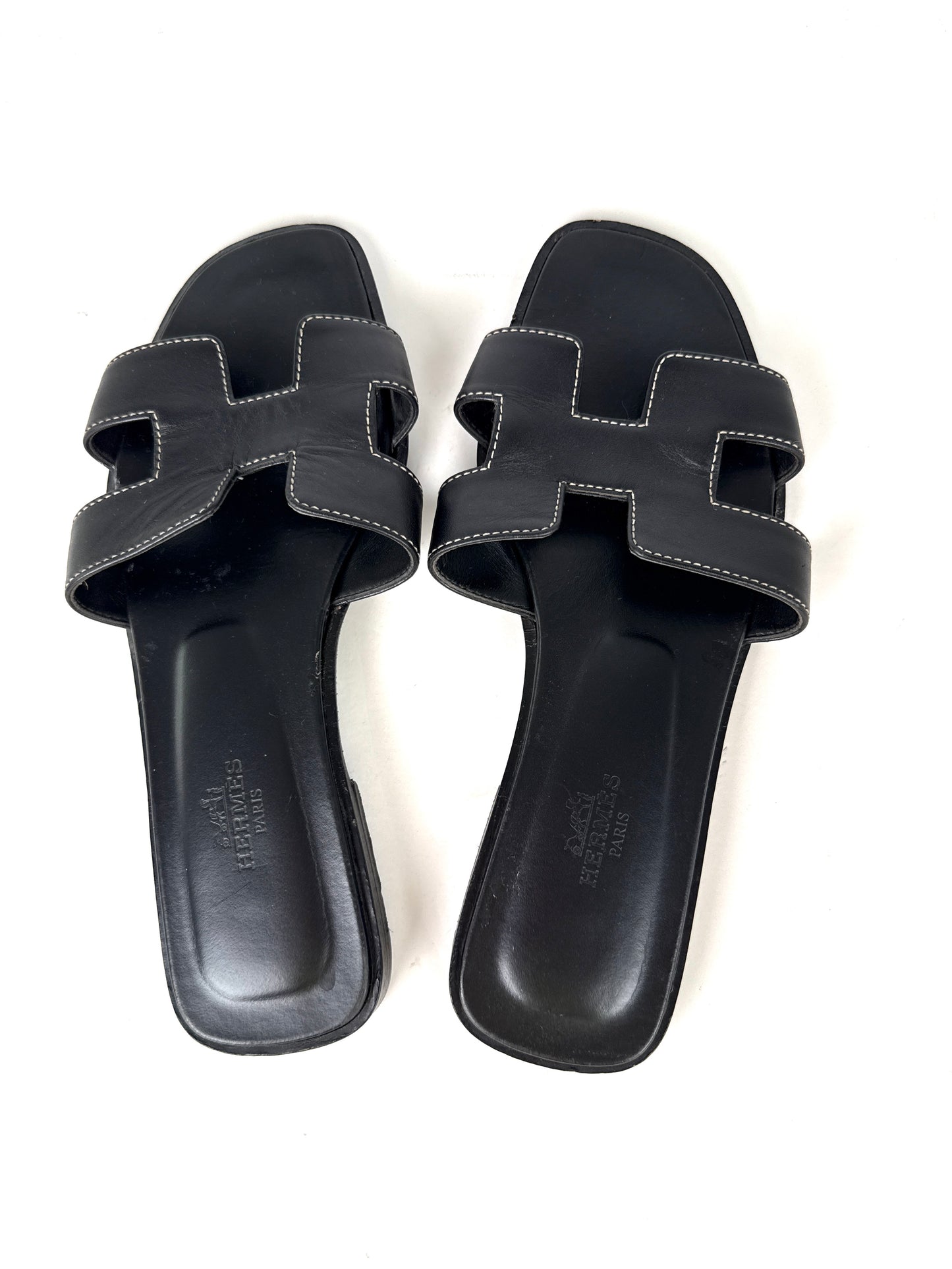 Hermes Vintage Oran Black  Leather Slip on Slide Sandals 37, 6.5
