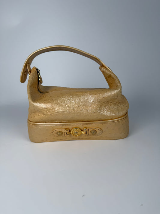 Gianni Versace Vintage Gold Vanity Ostrich Leather Top Handle Bag 