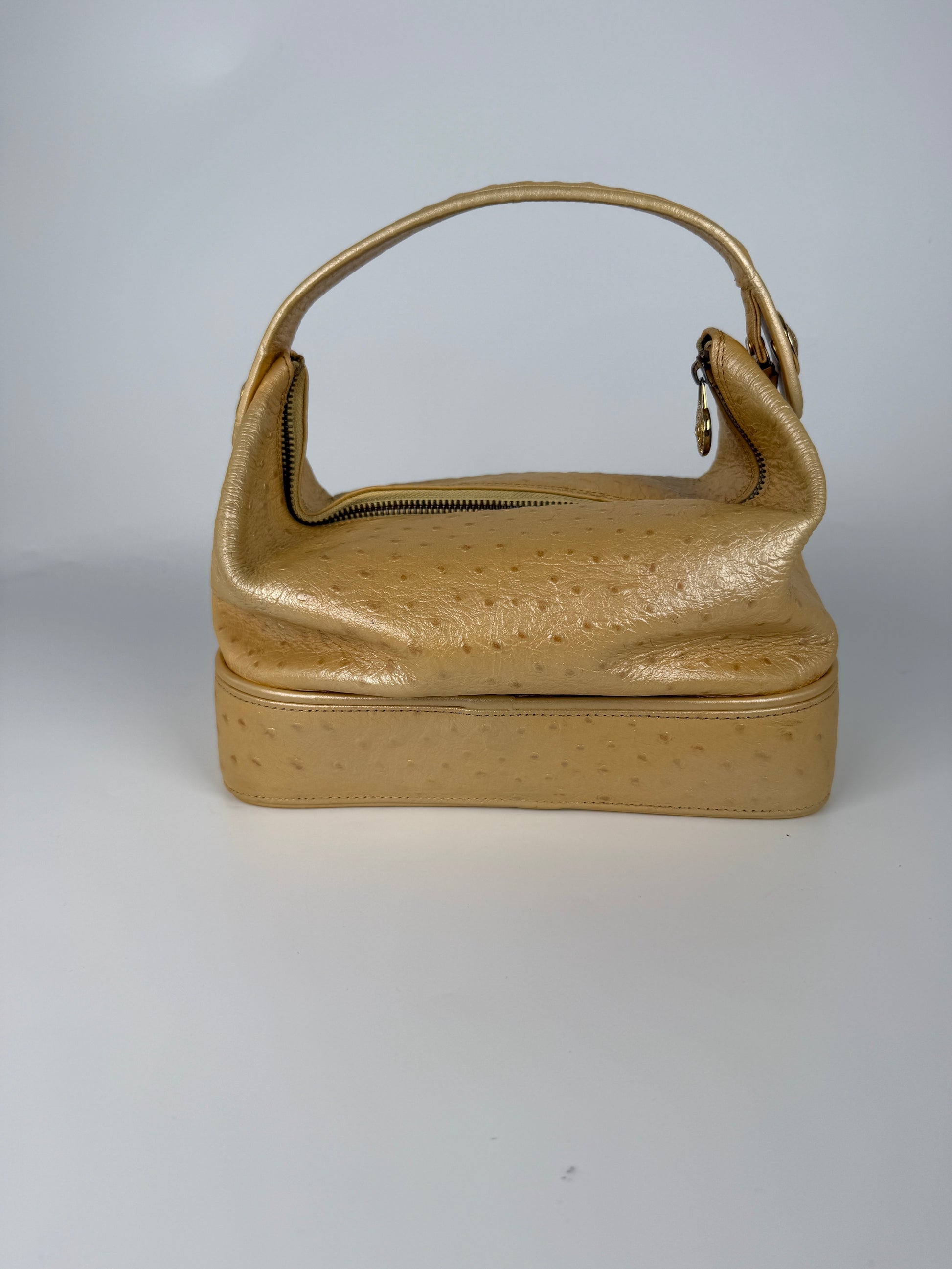 Gianni Versace Vintage Gold Vanity Ostrich Leather Top Handle Bag 