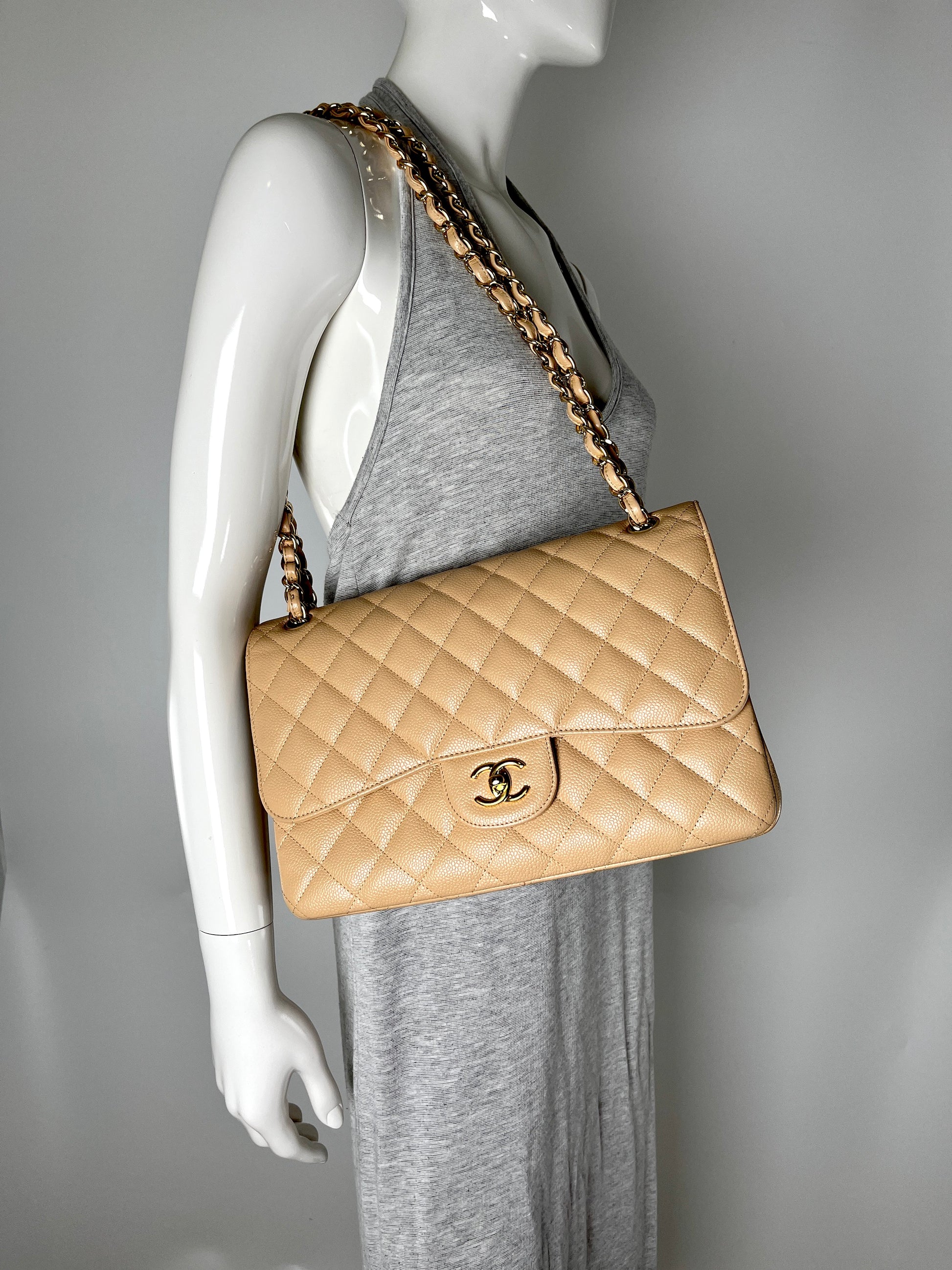 CHANEL Jumbo Classic Double Quilted Caviar Beige Leather Flap Bag