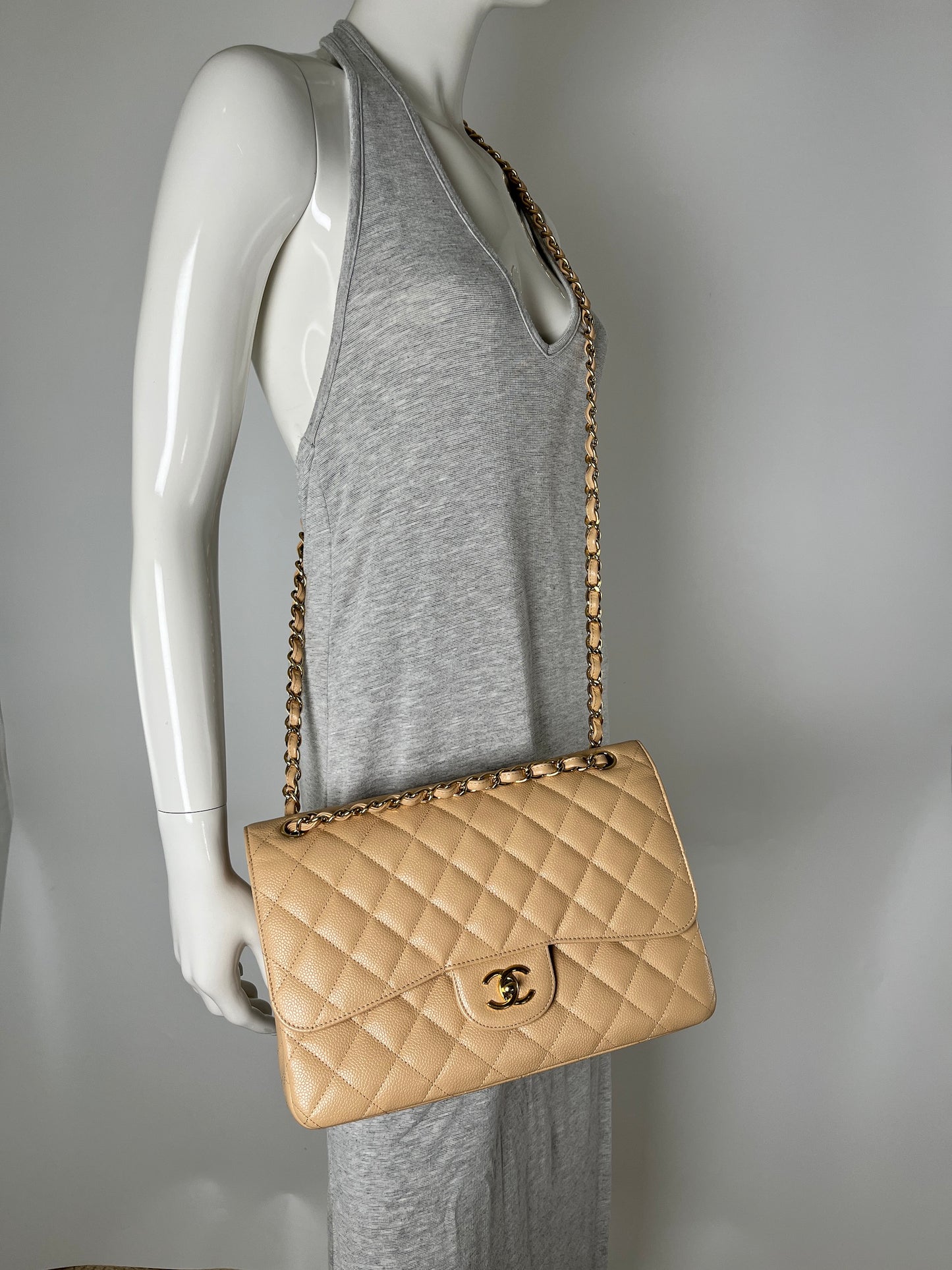 CHANEL Jumbo Classic Double Quilted Caviar Beige Leather Flap Bag