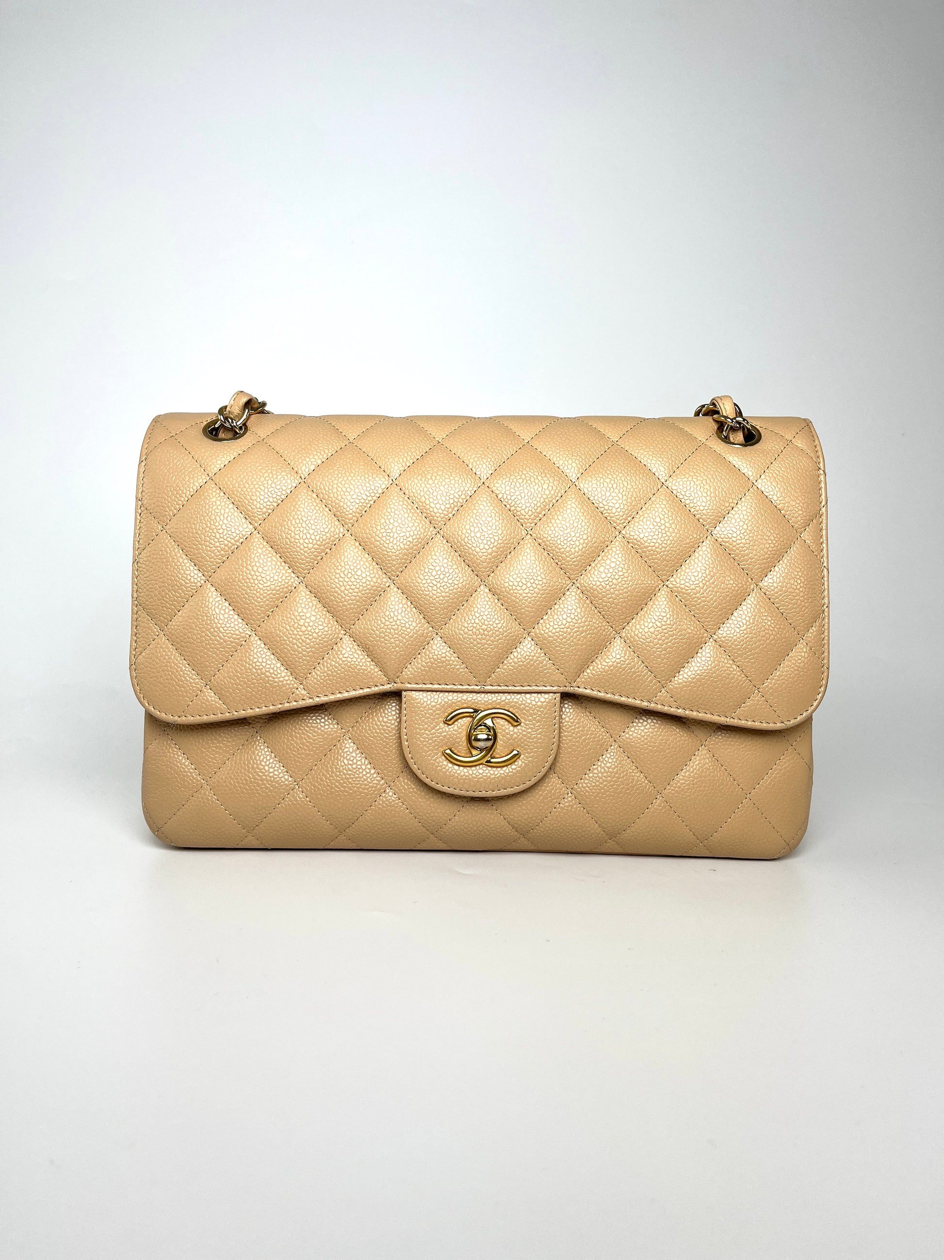 CHANEL Jumbo Classic Double Quilted Caviar Beige Leather Flap Bag