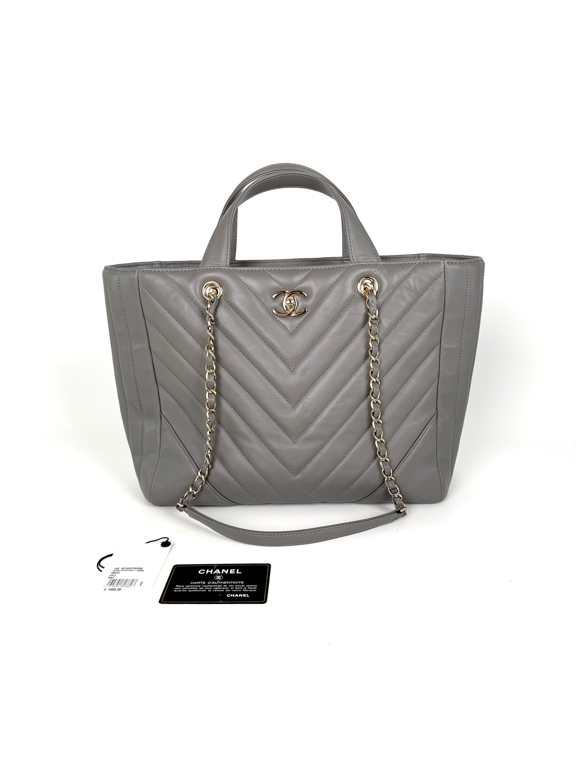 CHANEL Chevron Statement Gray Quilted Calfskin Shopping Tote Bag