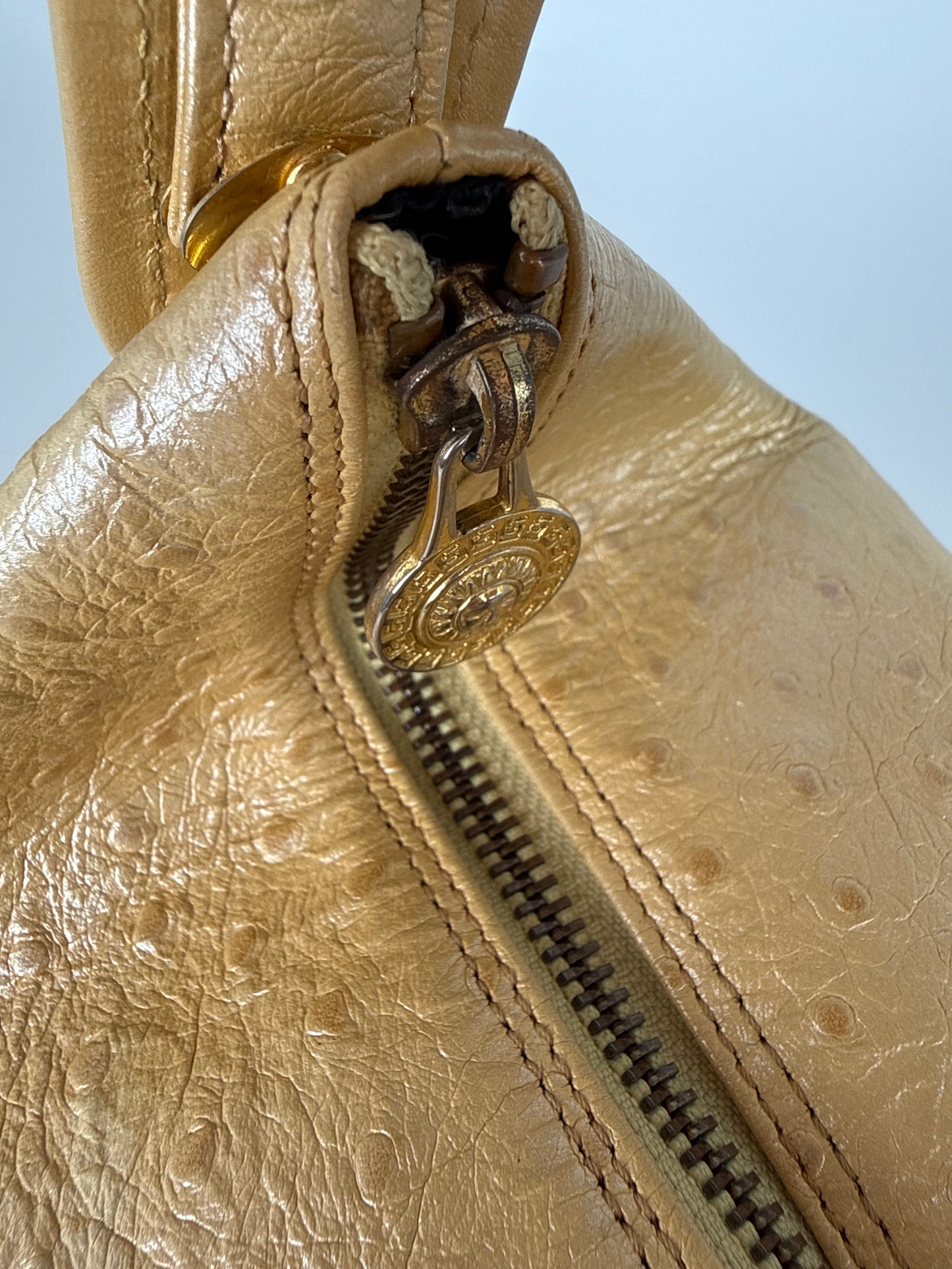 Gianni Versace Vintage Gold Vanity Ostrich Leather Top Handle Bag