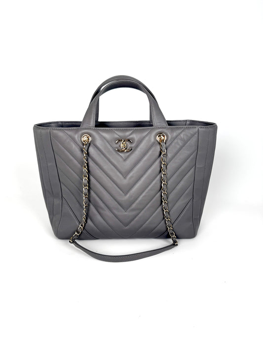 CHANEL Chevron Statement Gray Quilted Calfskin Shopping Tote Bag