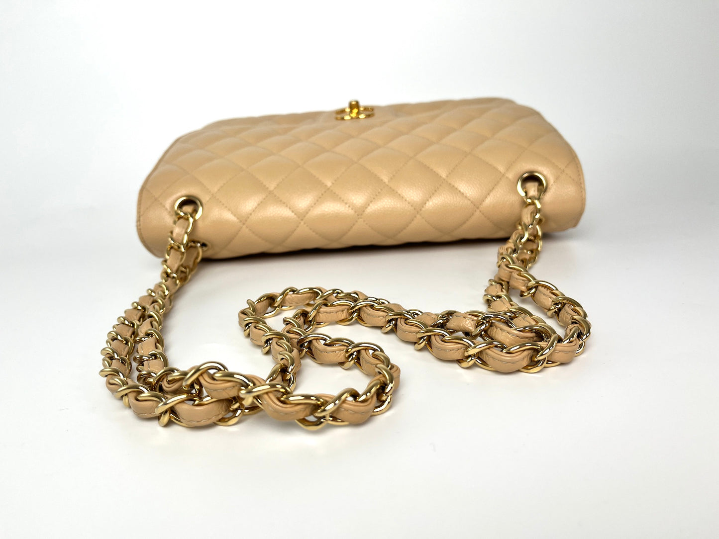 CHANEL Jumbo Classic Double Quilted Caviar Beige Leather Flap Bag
