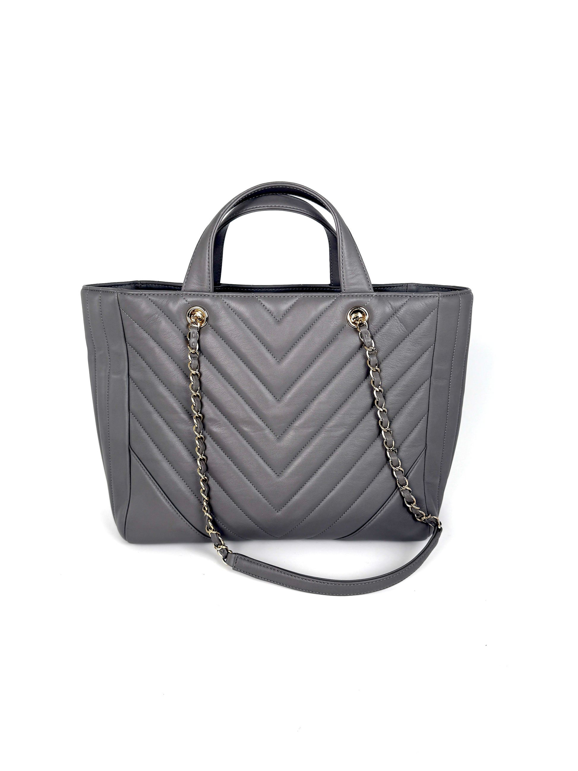 CHANEL Chevron Statement Gray Quilted Calfskin Shopping Tote Bag