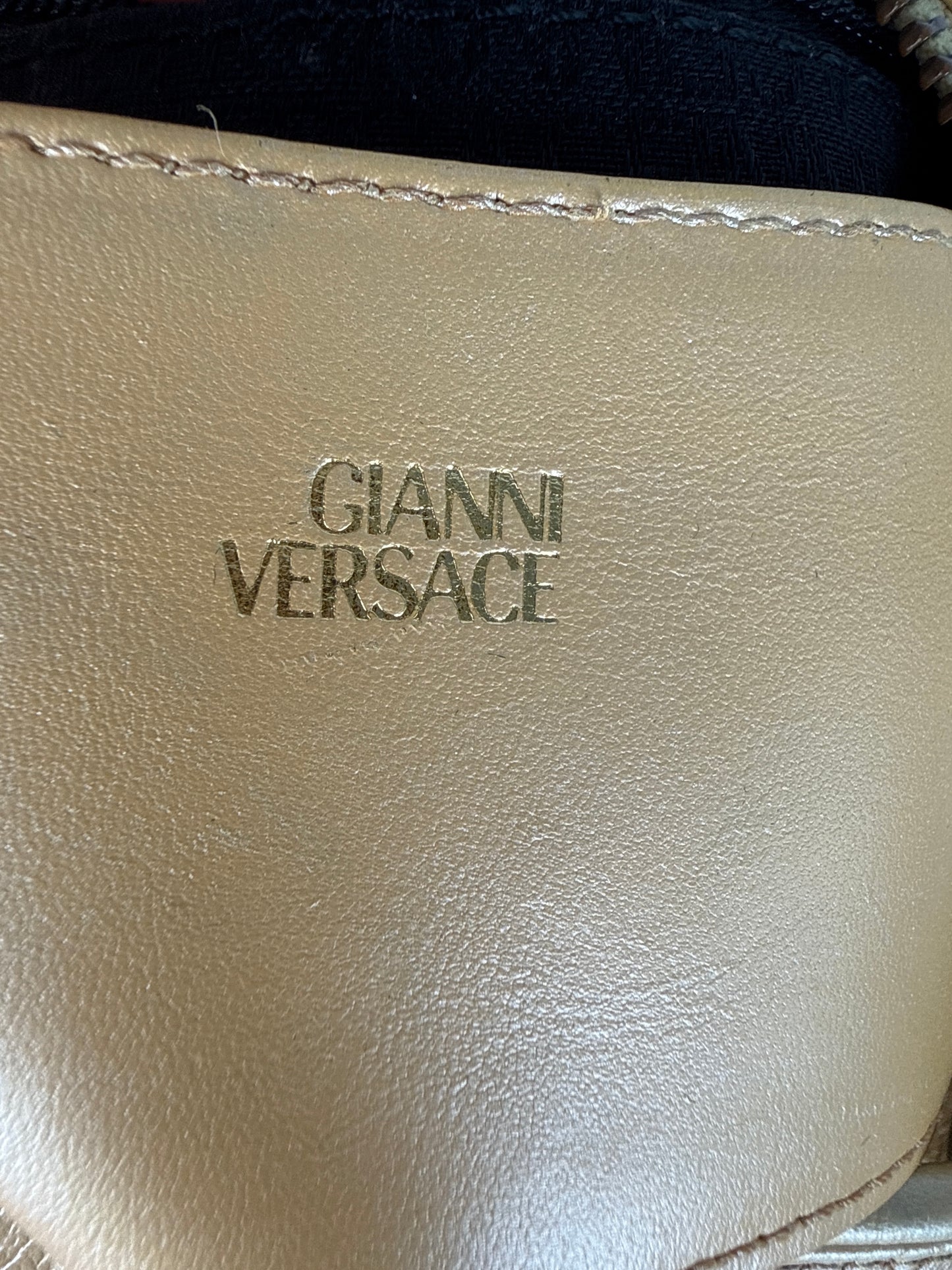 Gianni Versace Vintage Gold Vanity Ostrich Leather Top Handle Bag