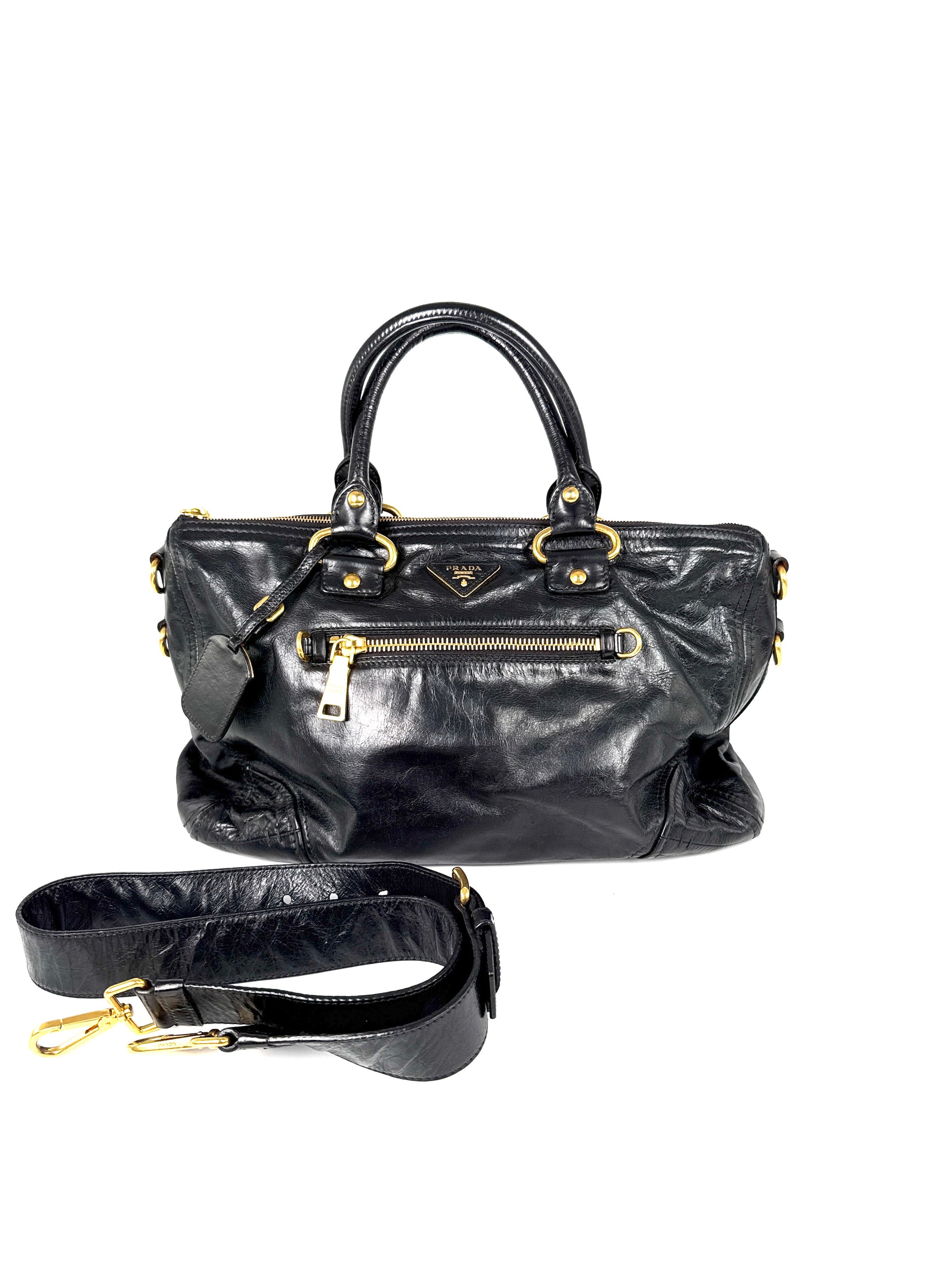 Prada Vitello Baltico Black Leather East West Tote Crossbody Bag 