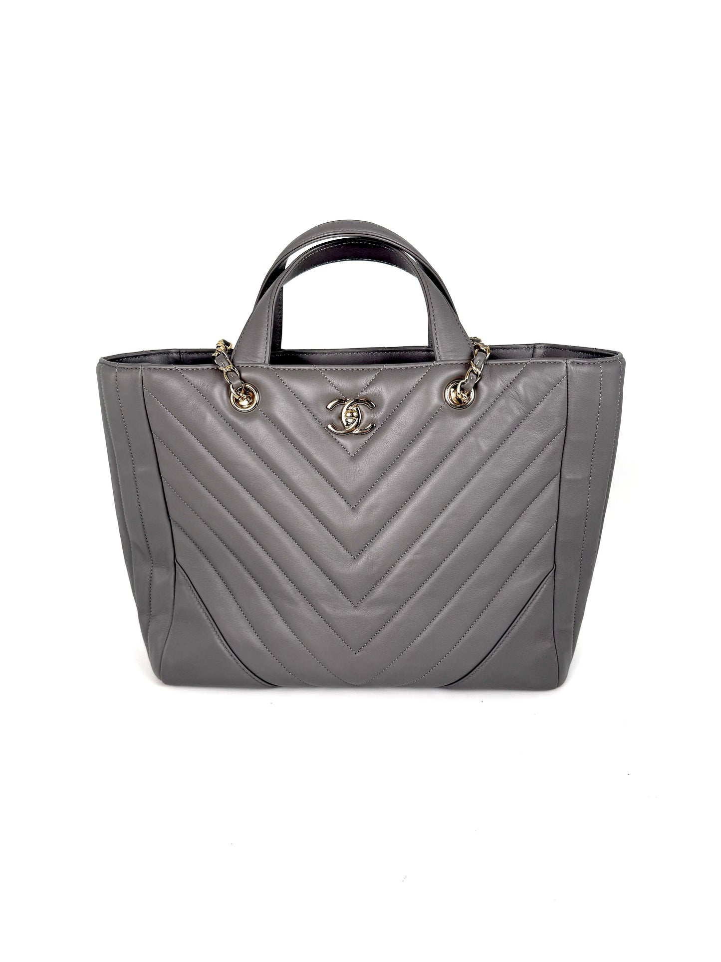 CHANEL Chevron Statement Gray Quilted Calfskin Shopping Tote Bag