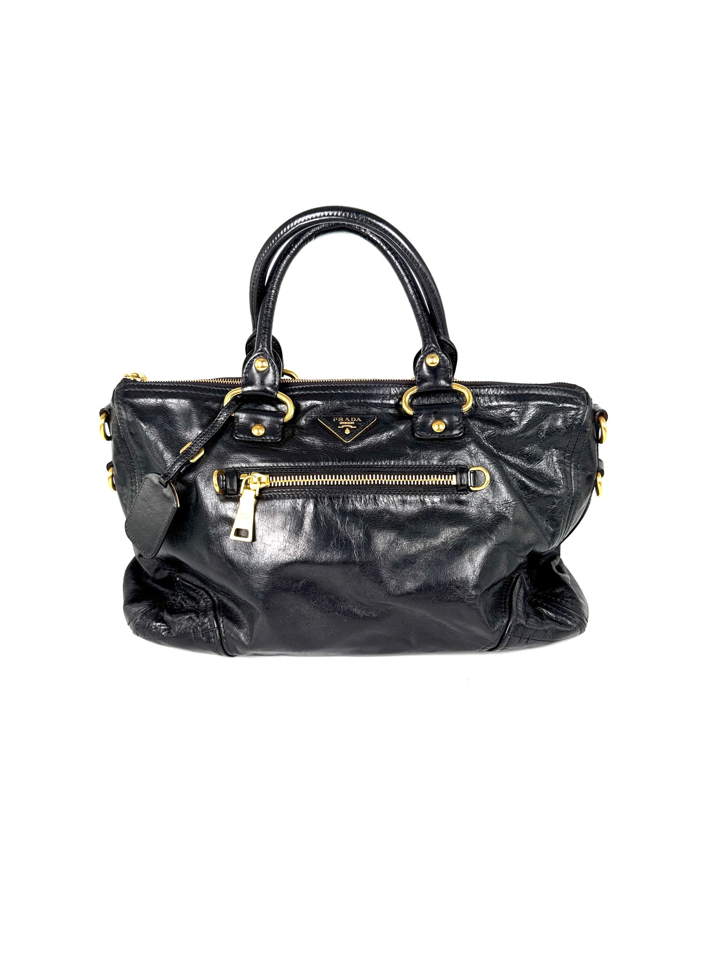 Prada Vitello Baltico Black Leather East West Tote Crossbody Bag 