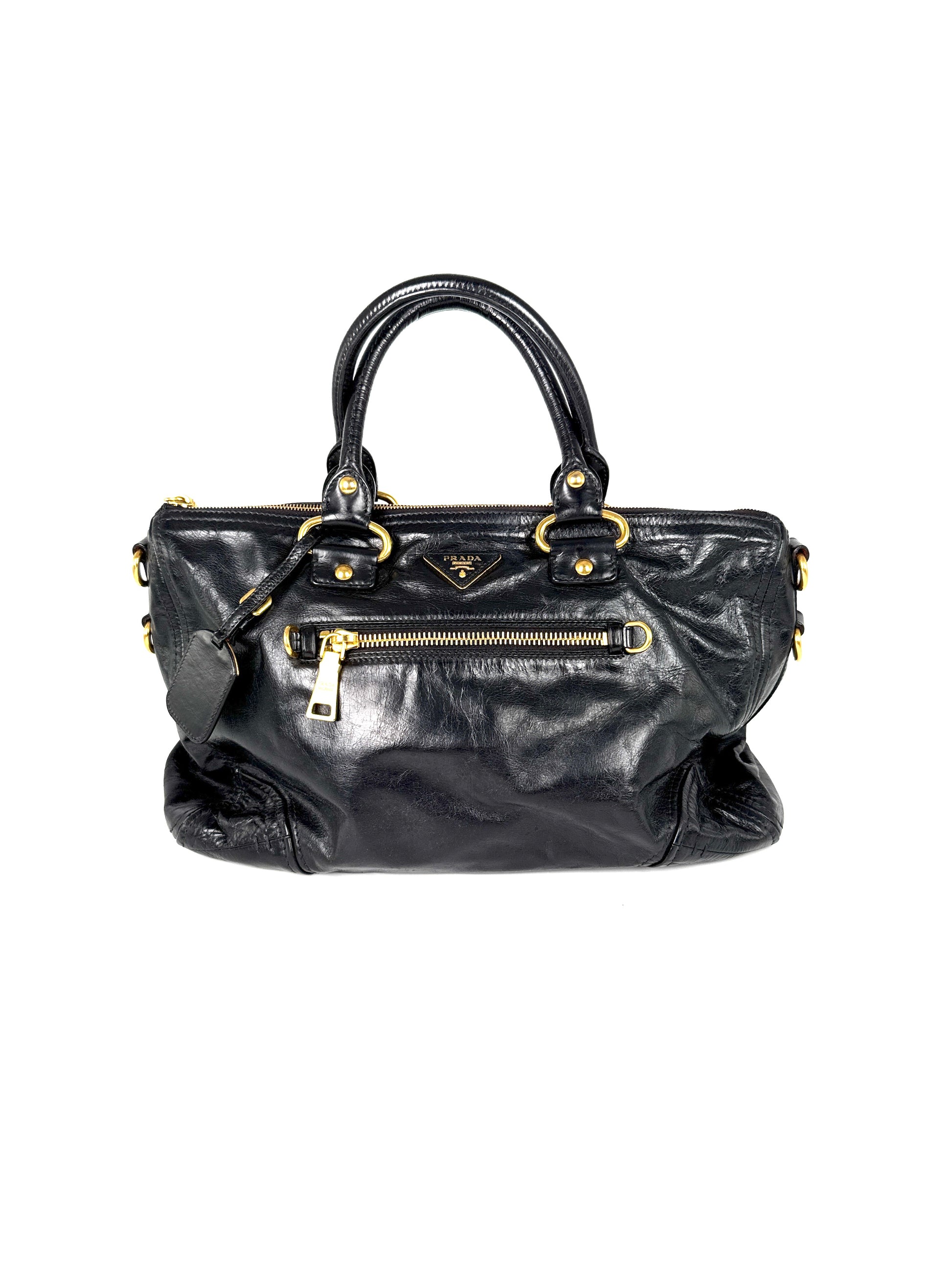 Prada Vitello Baltico Black Leather East West Tote Crossbody Bag 