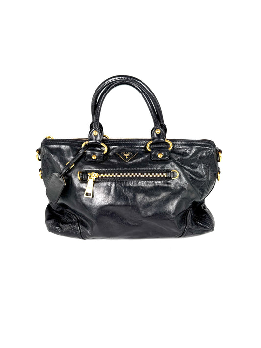 Prada Vitello Baltico Black Leather East West Tote Crossbody Bag 