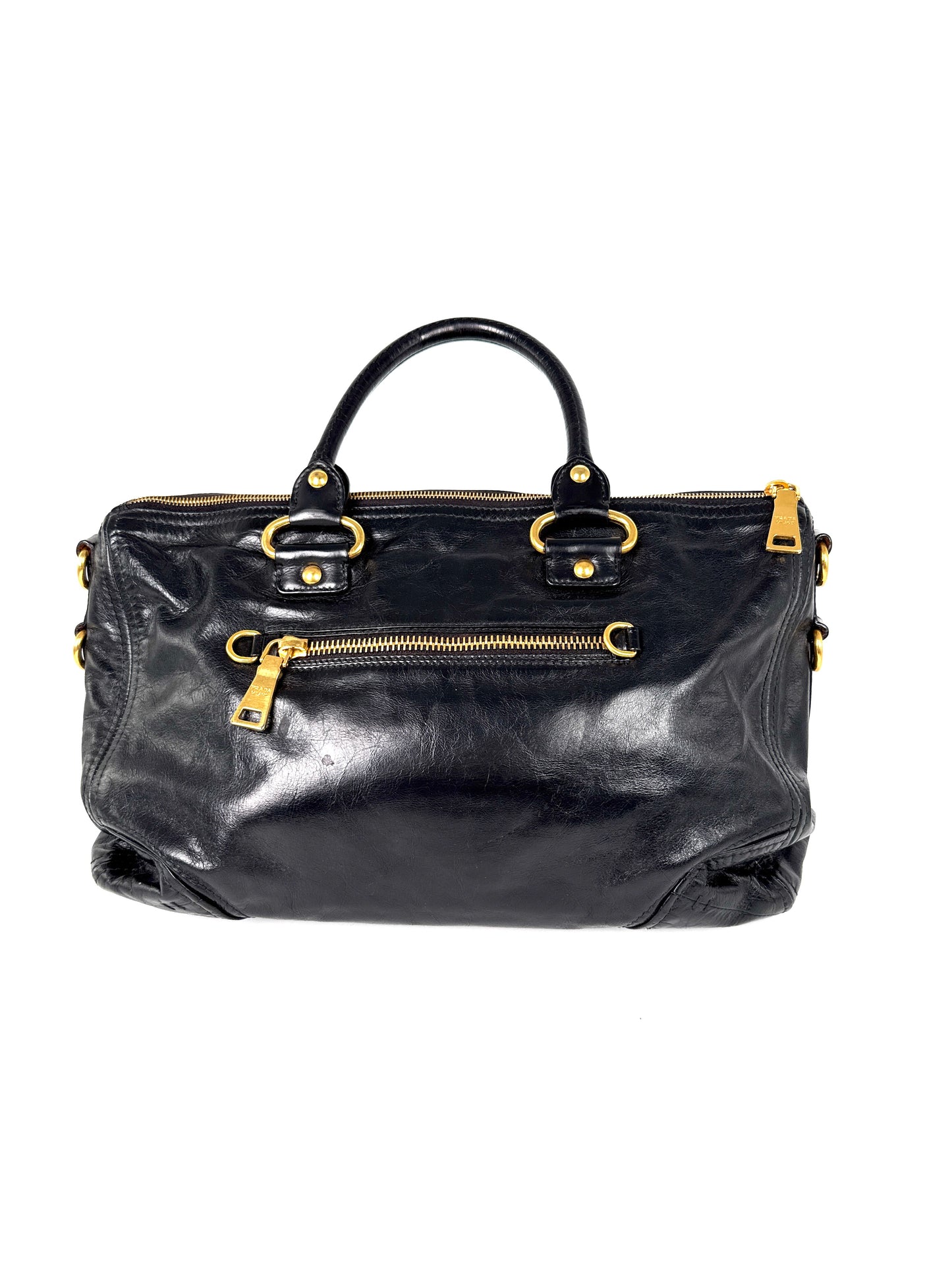 Prada Vitello Baltico Black Leather East West Tote Crossbody Bag