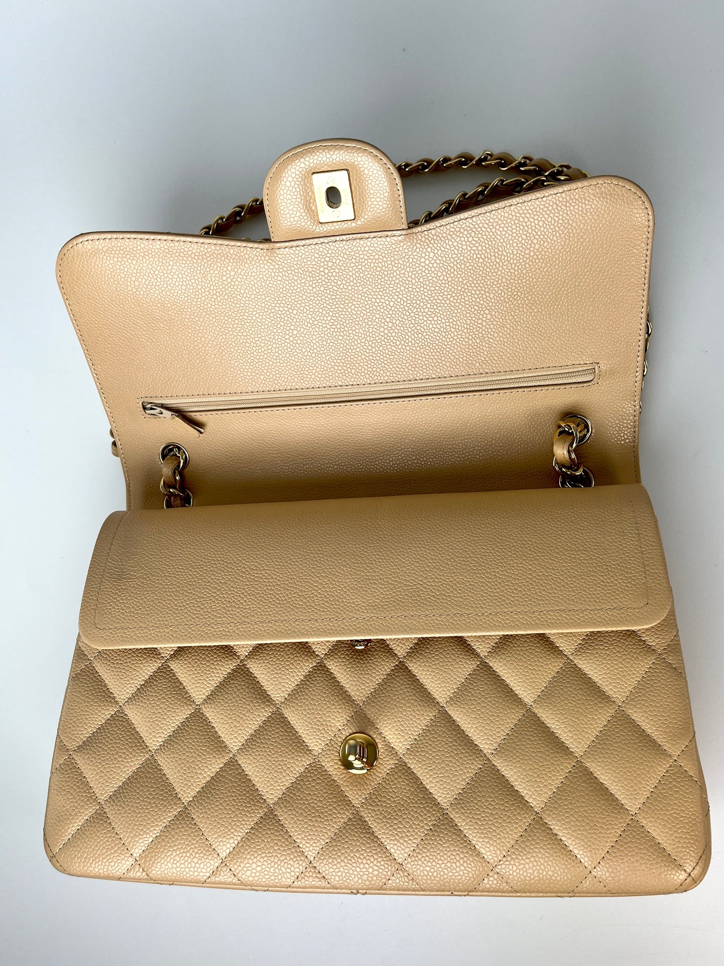 CHANEL Jumbo Classic Double Quilted Caviar Beige Leather Flap Bag