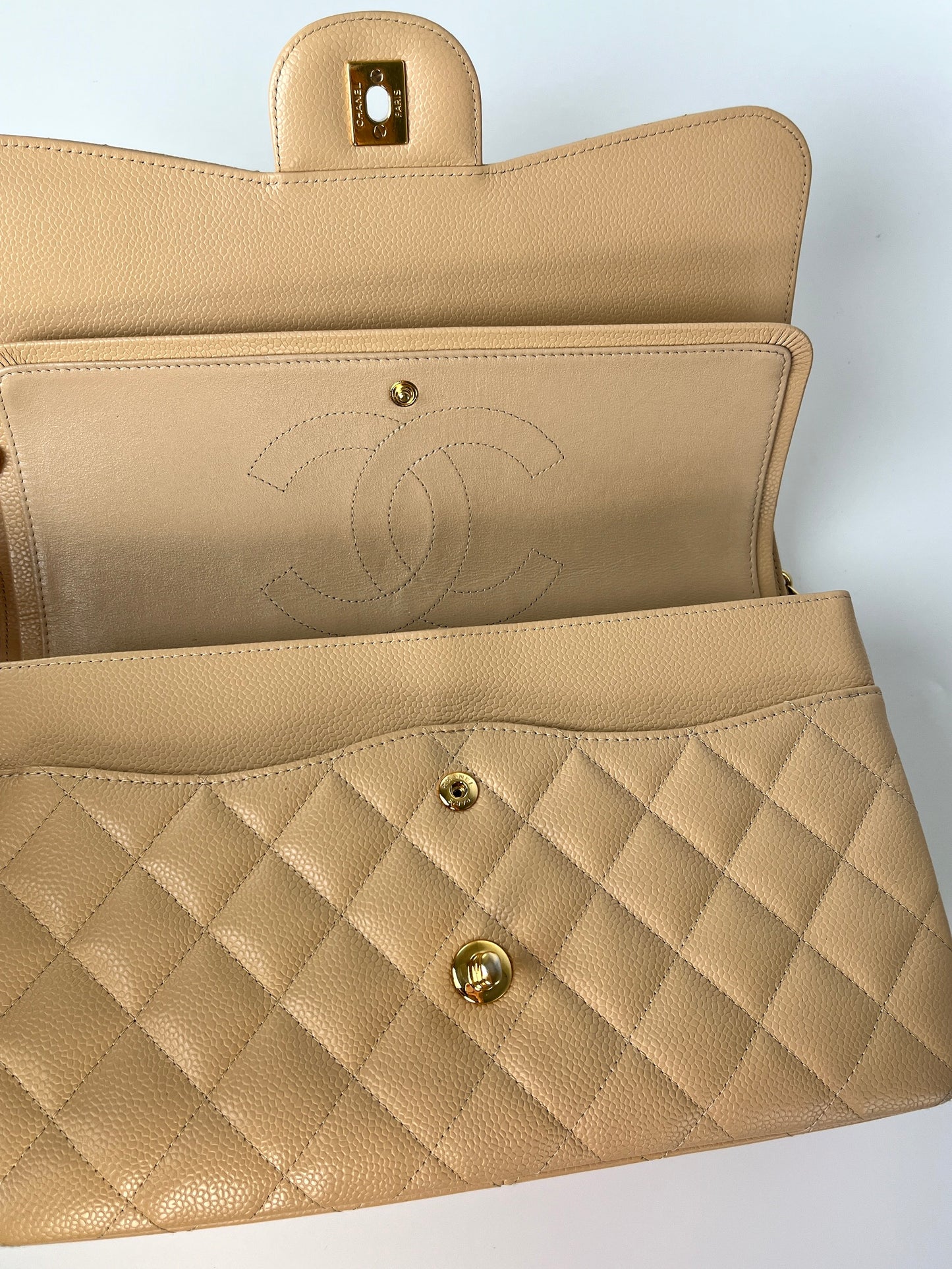 CHANEL Jumbo Classic Double Quilted Caviar Beige Leather Flap Bag