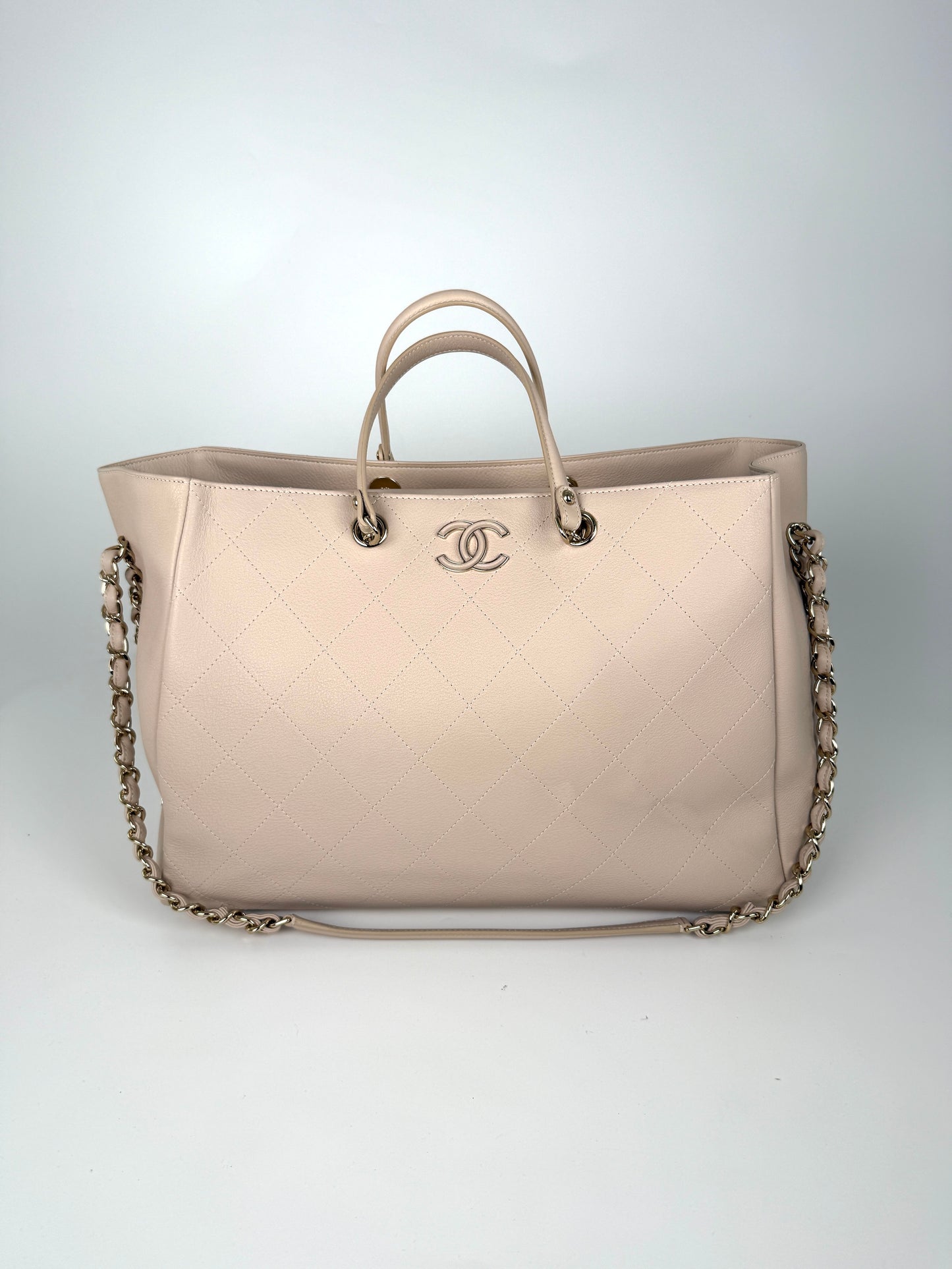 CHANEL Bullskin Stitched Cream Shopping Tote Bag