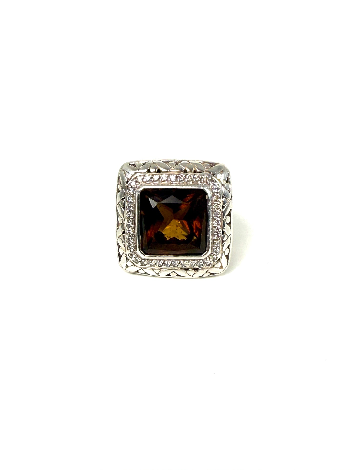 John Hardy Batu Sari Smoky Quartz Diamond Large Gold Sterling Silver Square Ring 7.25