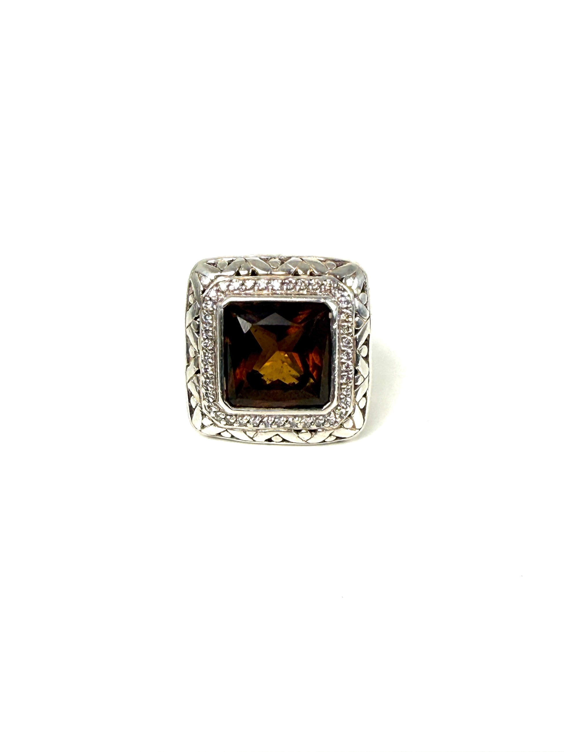 John Hardy Batu Sari Smoky Quartz Diamond Large Gold Sterling Silver Square Ring 7.25