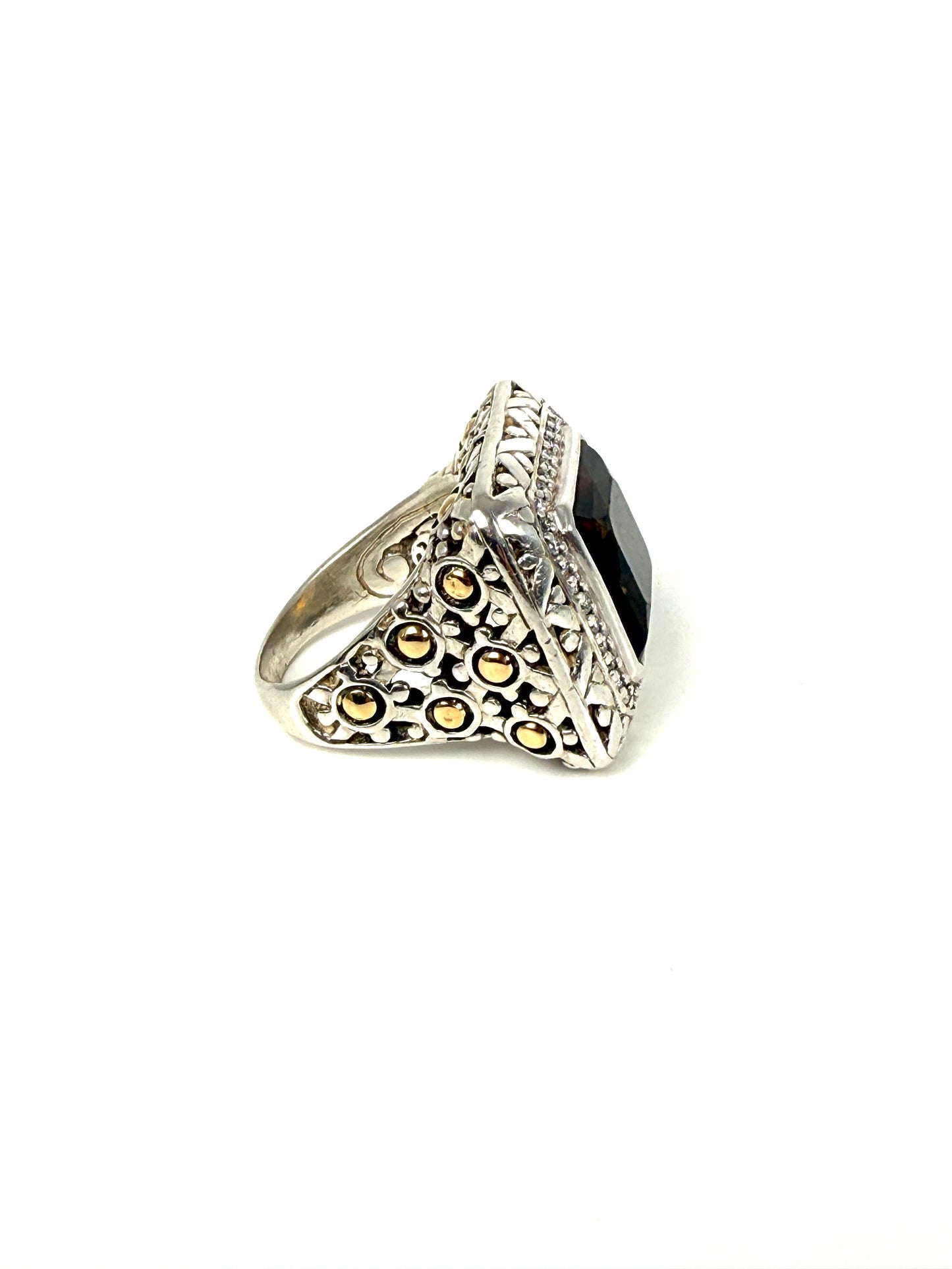 John Hardy Batu Sari Smoky Quartz Diamond Large Gold Sterling Silver Square Ring 7.25